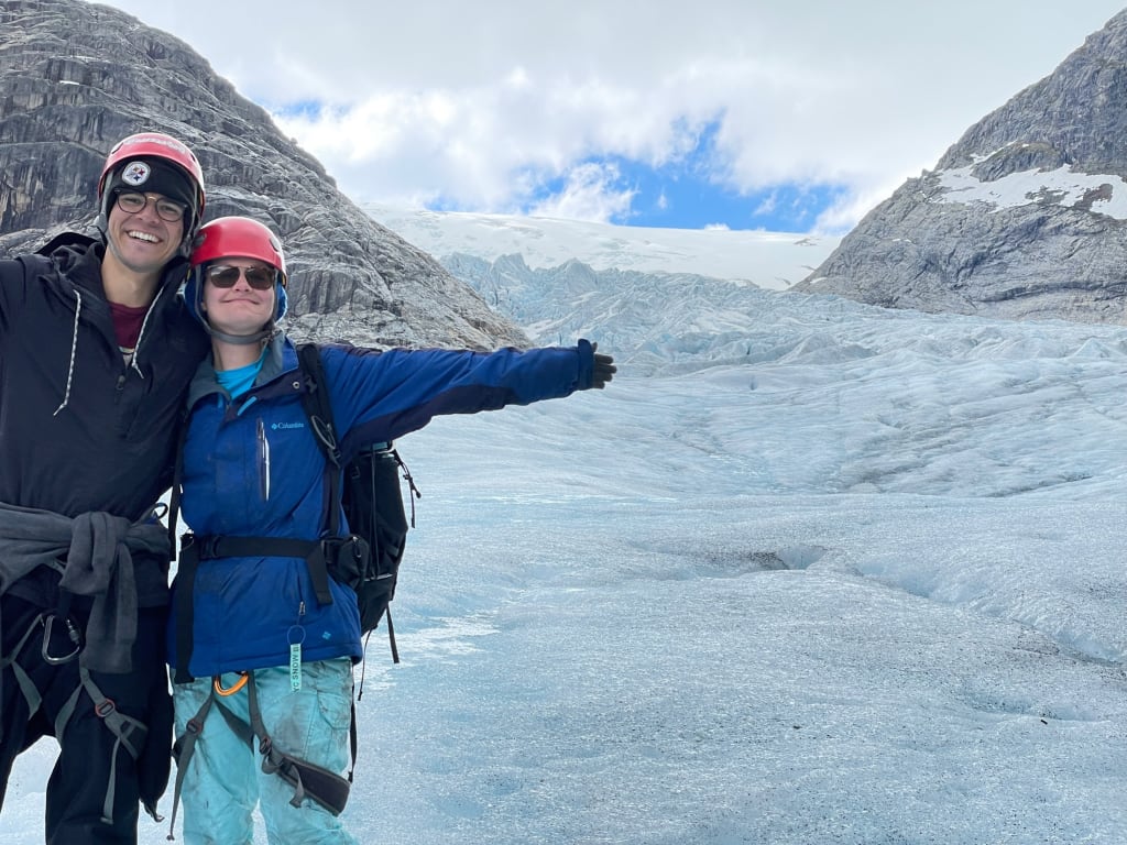 Standing on Jostedalsbreen Glacier after ice climbing