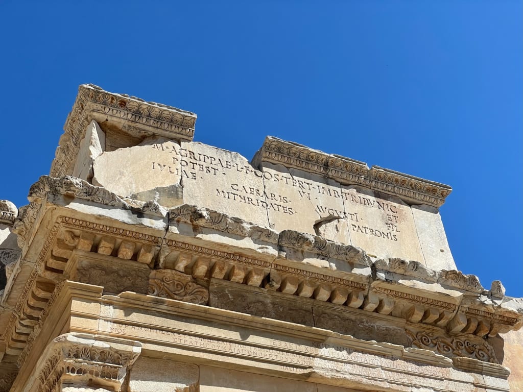 Low-angle view of the Library of Celsus