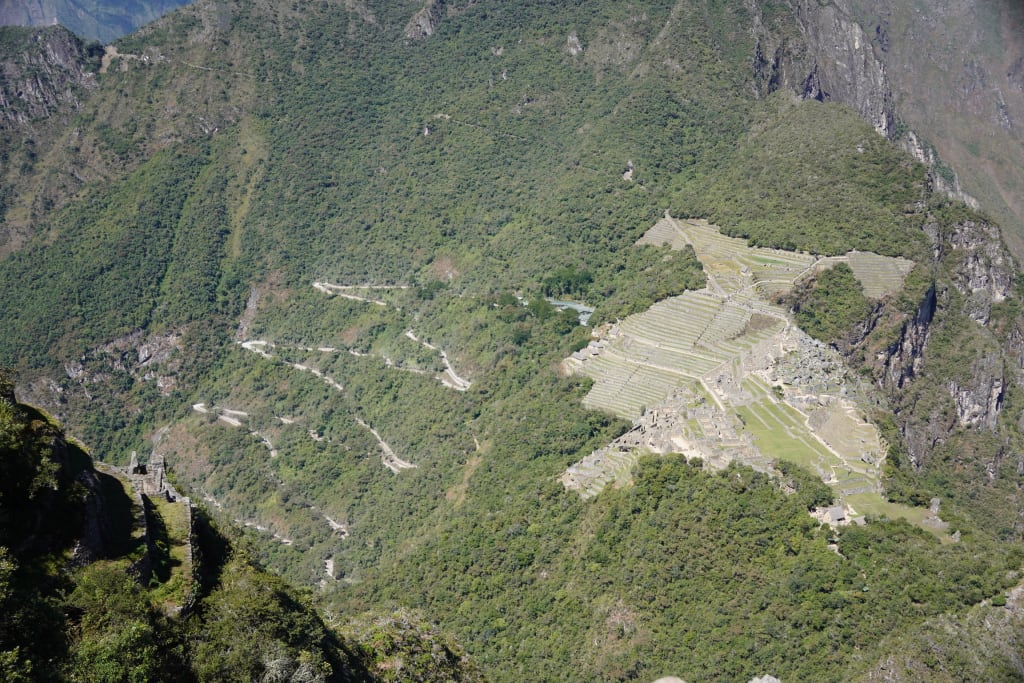 The bus road to Machu Picchu and the ruins from above