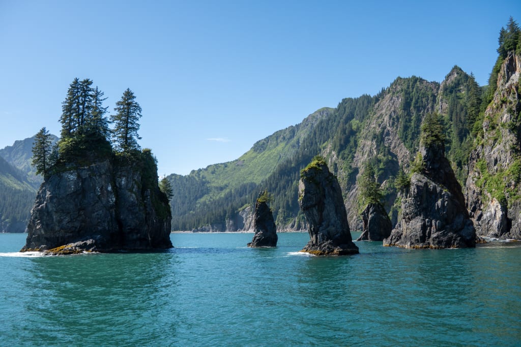 Coastal cliffs and water in Kenai Fjords National Park