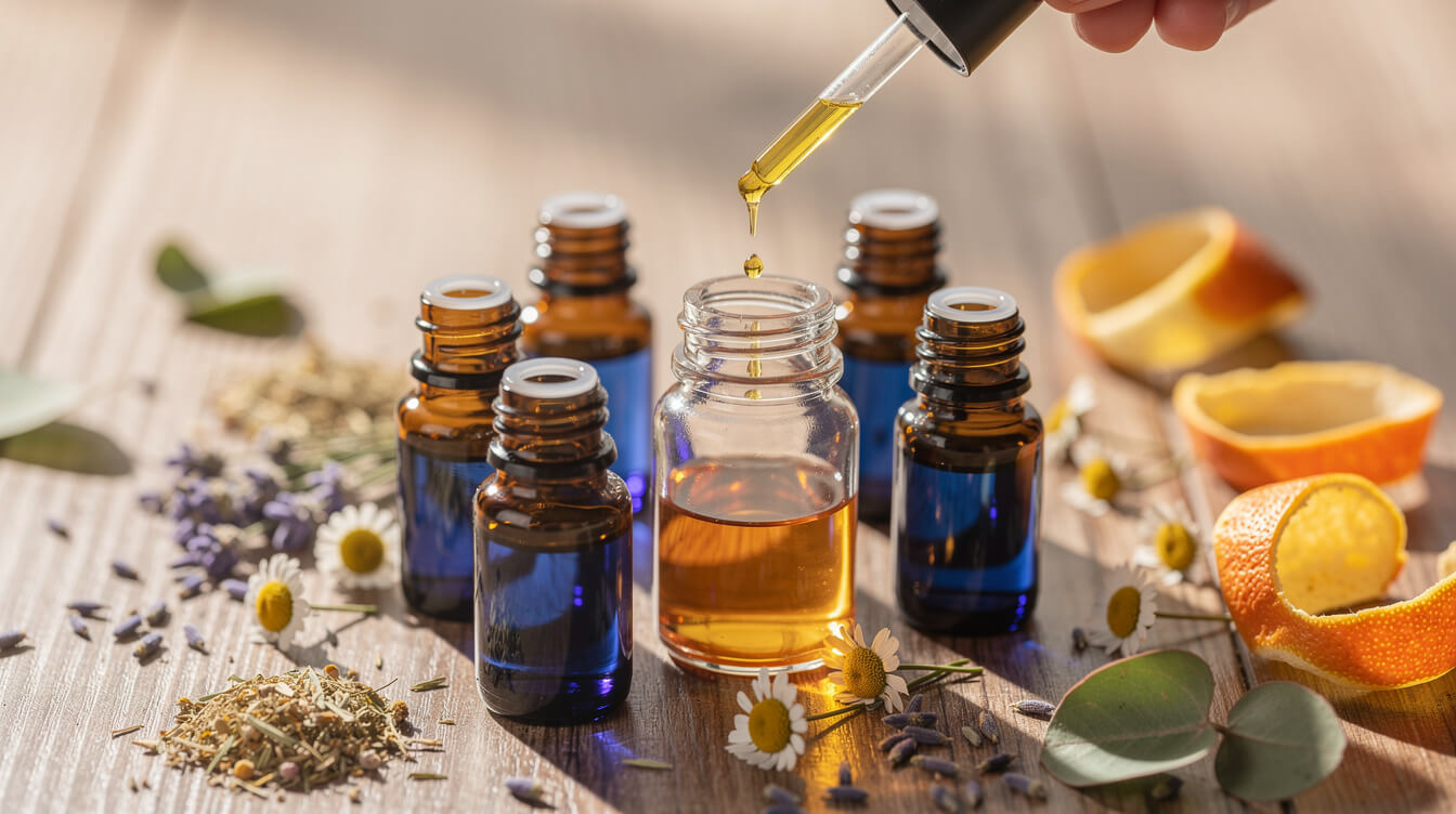 essential oils for stress arranged on a sunlit table