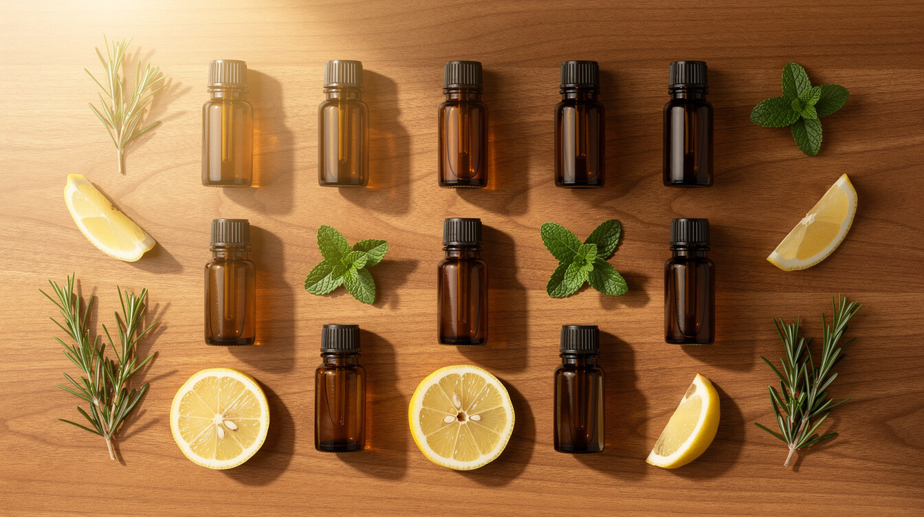 four essential oil blends for focus arranged on a wood table