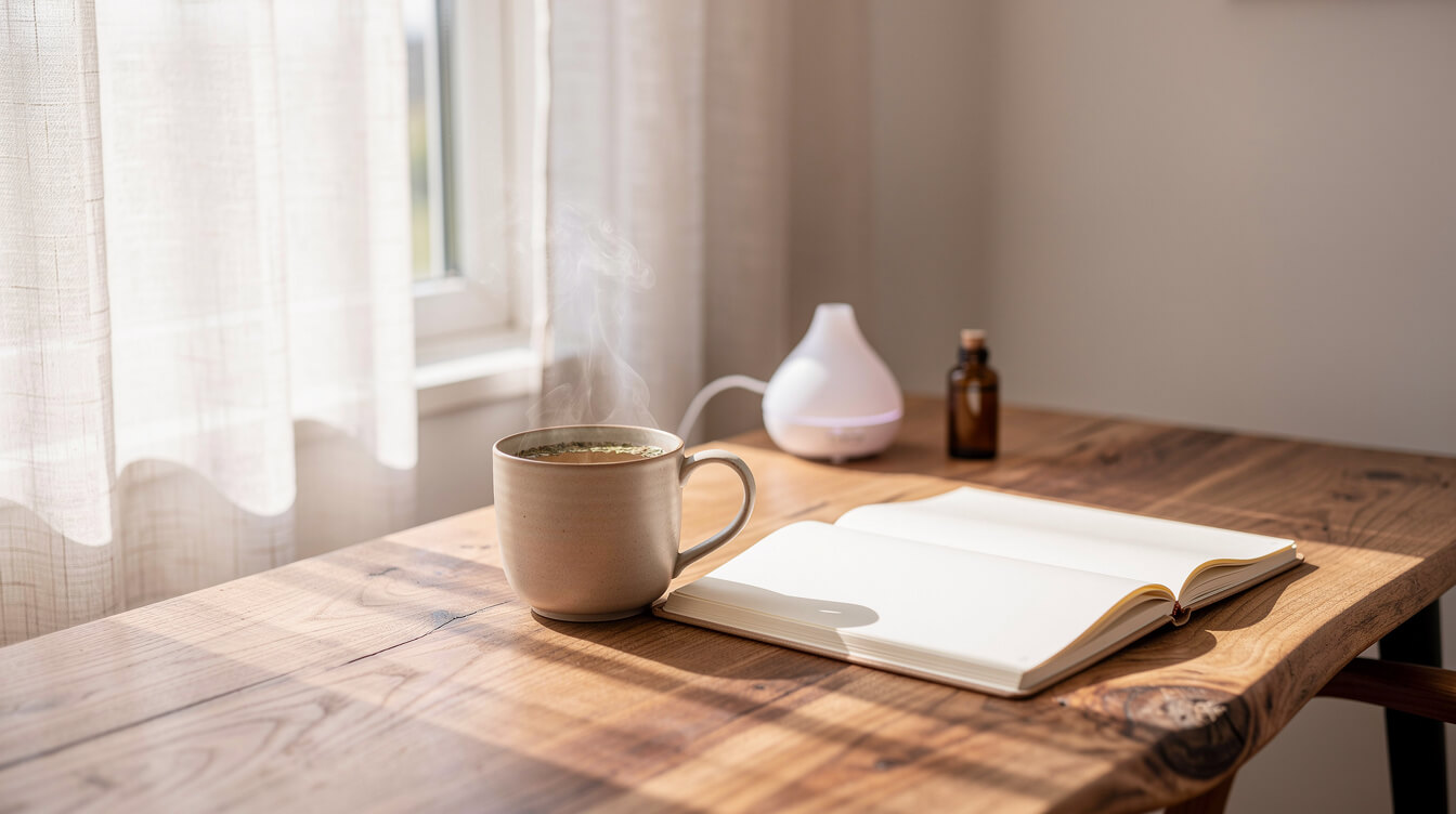 a calm home workspace set up for a mid-afternoon focus reset