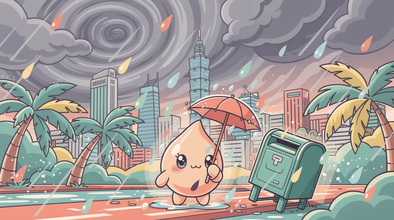 Taiwan typhoon day illustration — stormy sky over Taipei with kawaii mascot