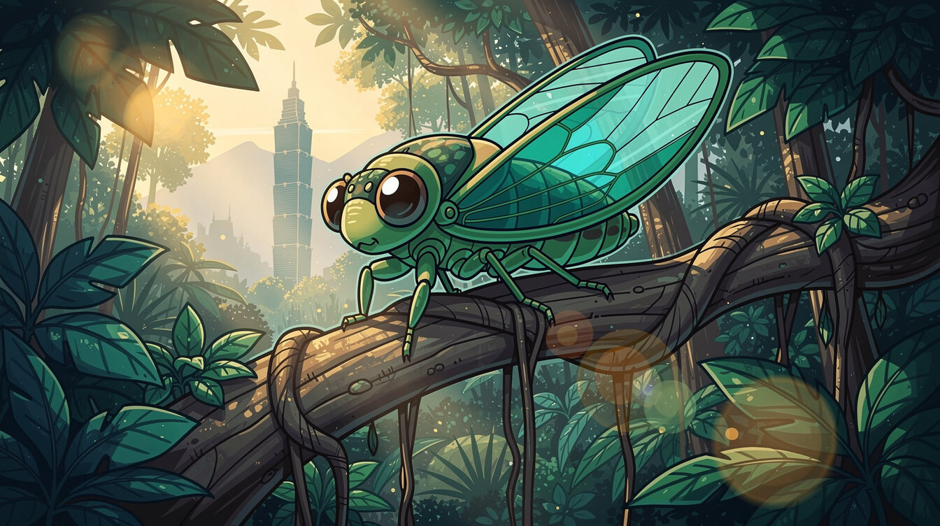 Taiwanese cicada perched on a banyan tree branch in vibrant summer sunlight