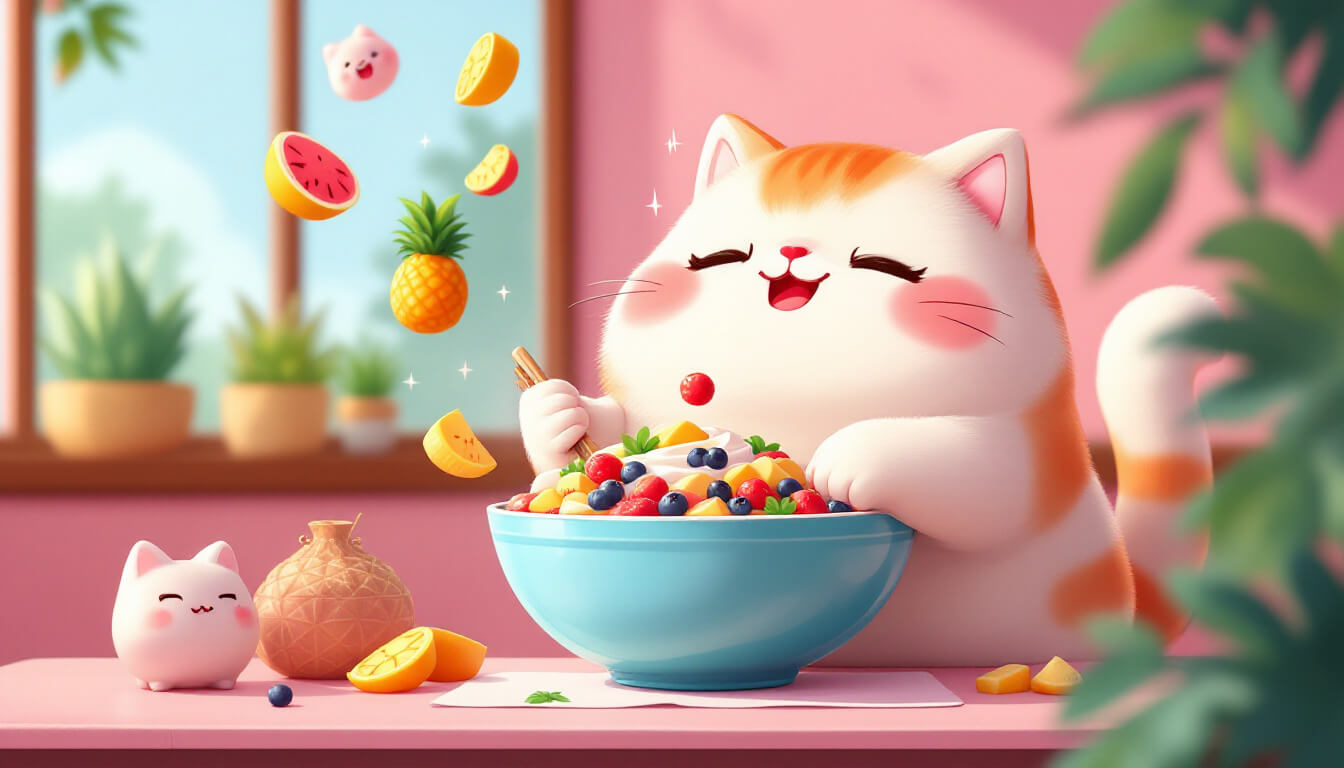Cute boba cat mascot eating a giant bowl of Taiwan shaved ice
