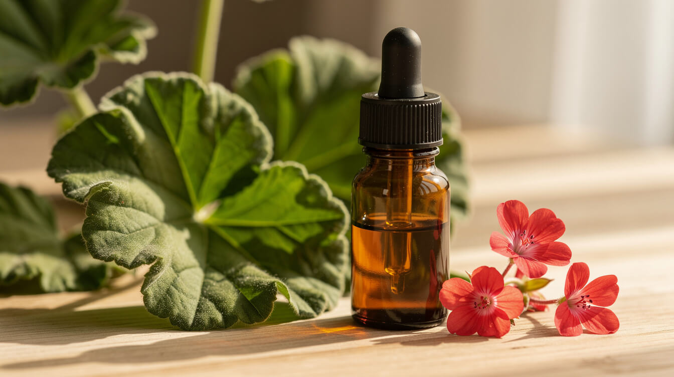 geranium essential oil benefits bottle with fresh geranium leaves and flowers