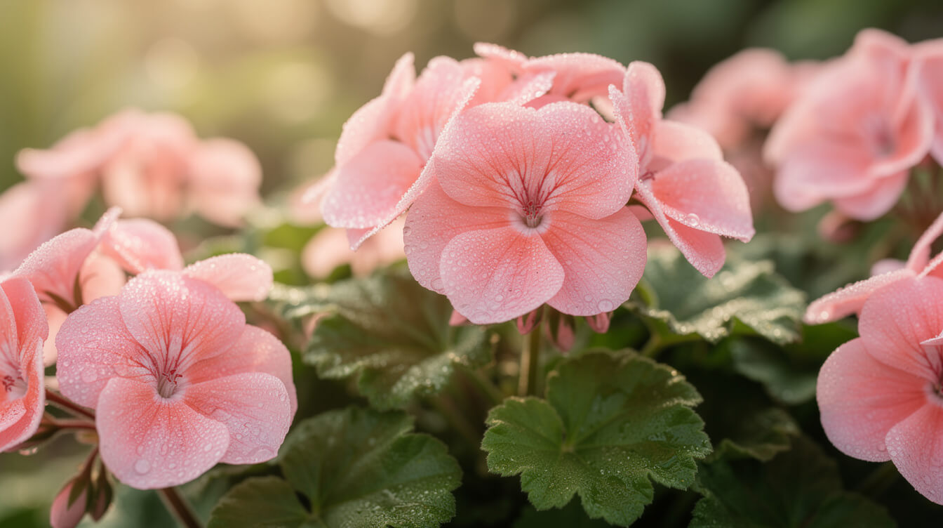 fresh geranium flowers and leaves representing pure essential oil source