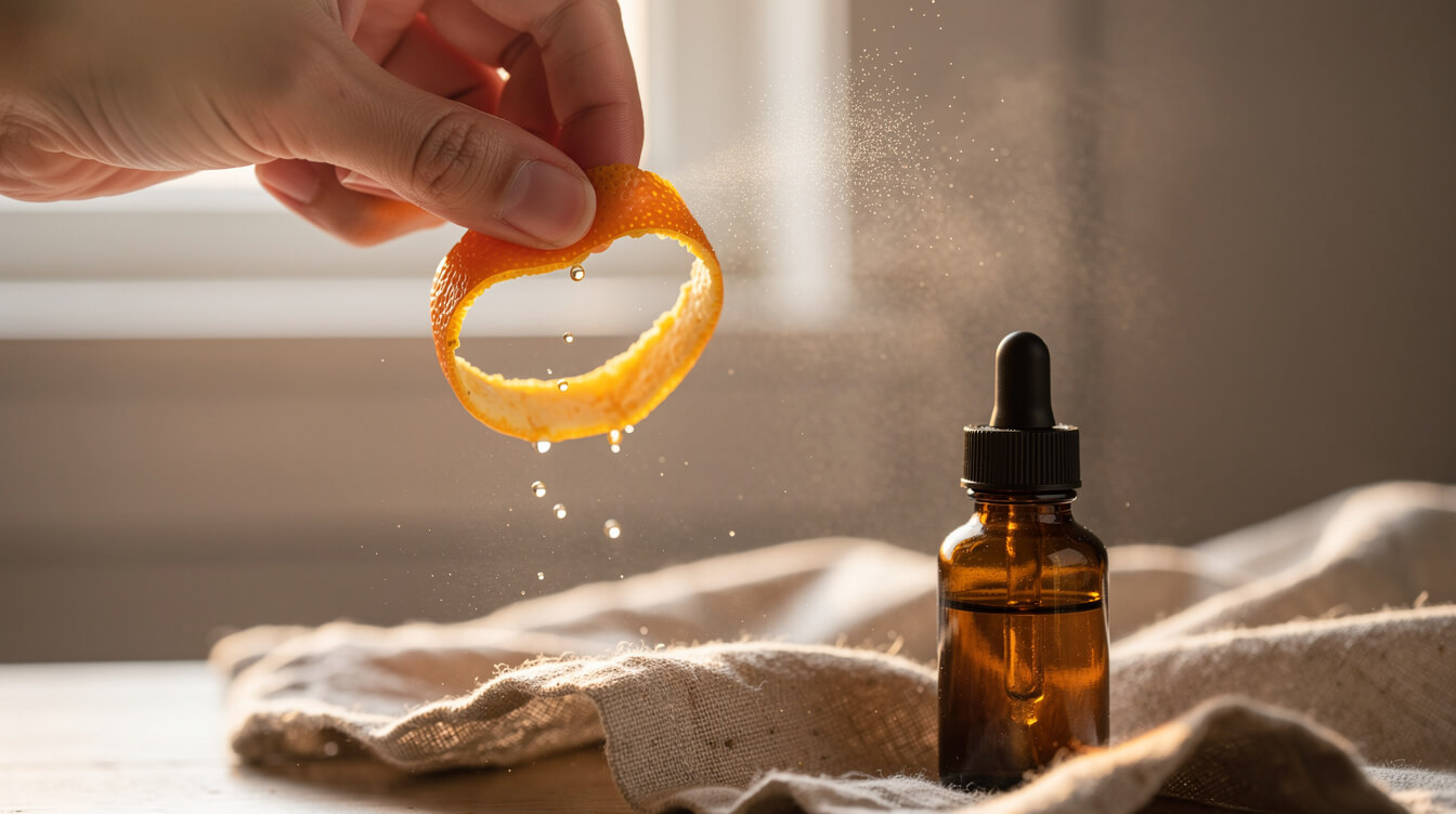 Fresh orange peel releasing citrus oil droplets beside an amber glass bottle