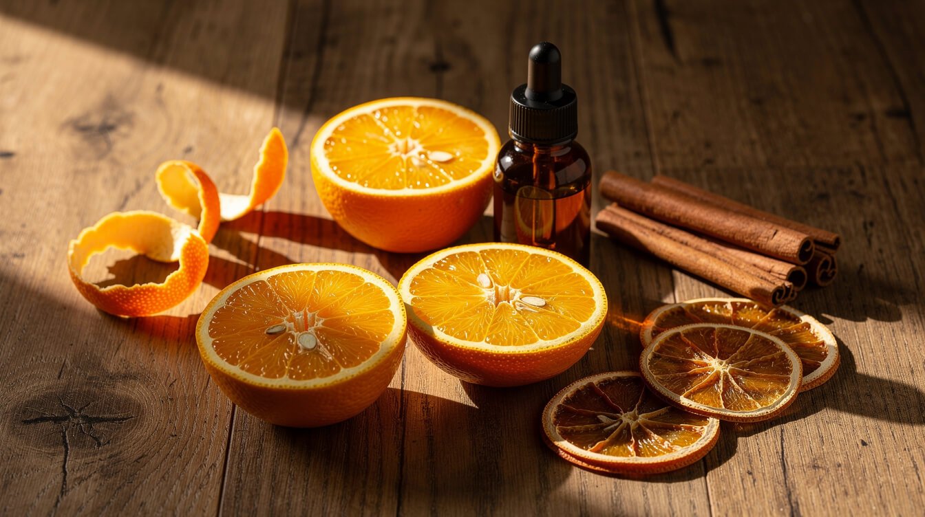 orange essential oil benefits - fresh sweet oranges, peel and an amber dropper bottle on an oak table