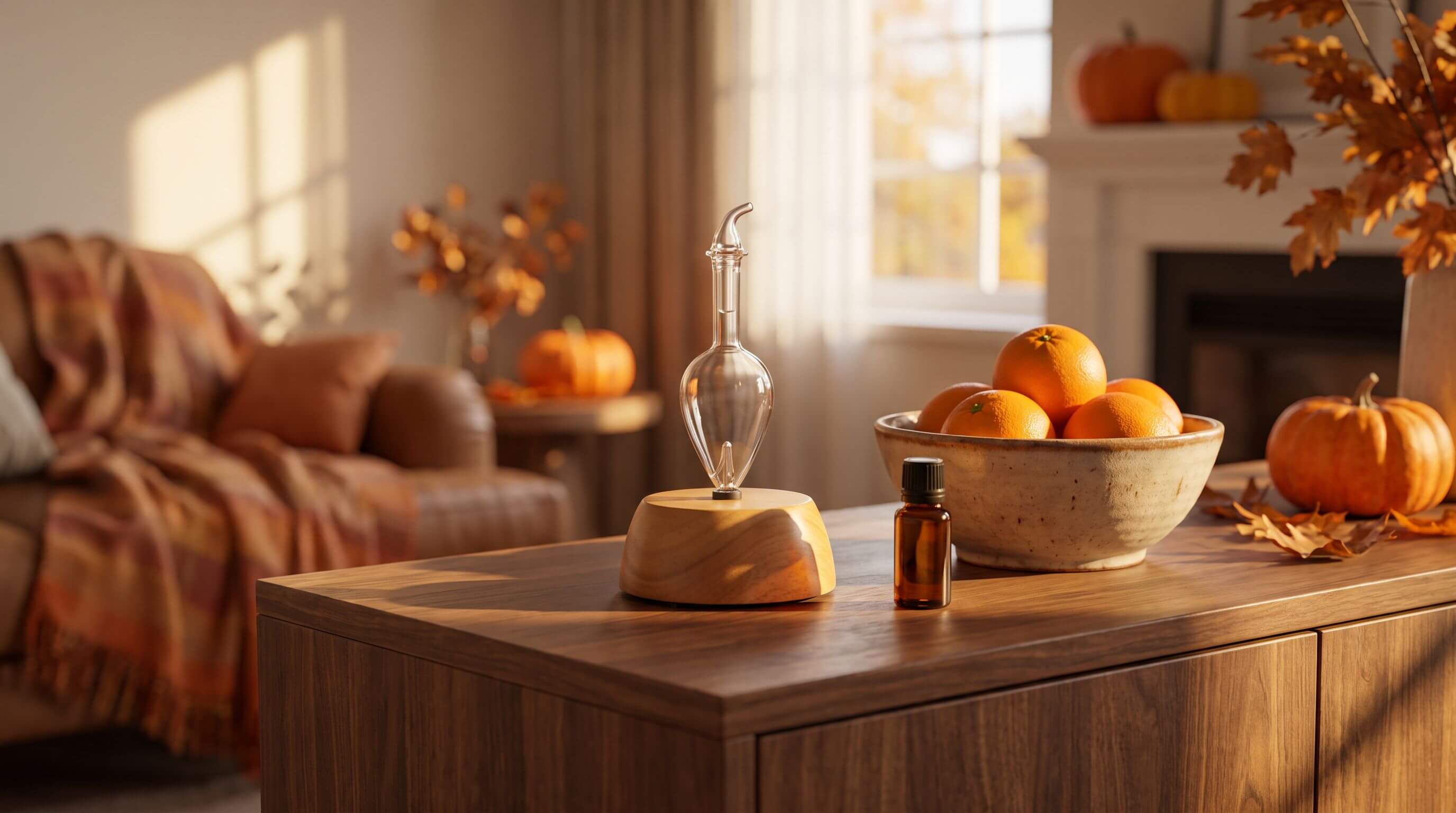 Handcrafted wood and glass Nebulizing Diffuser beside a bowl of fresh oranges in an autumn living room