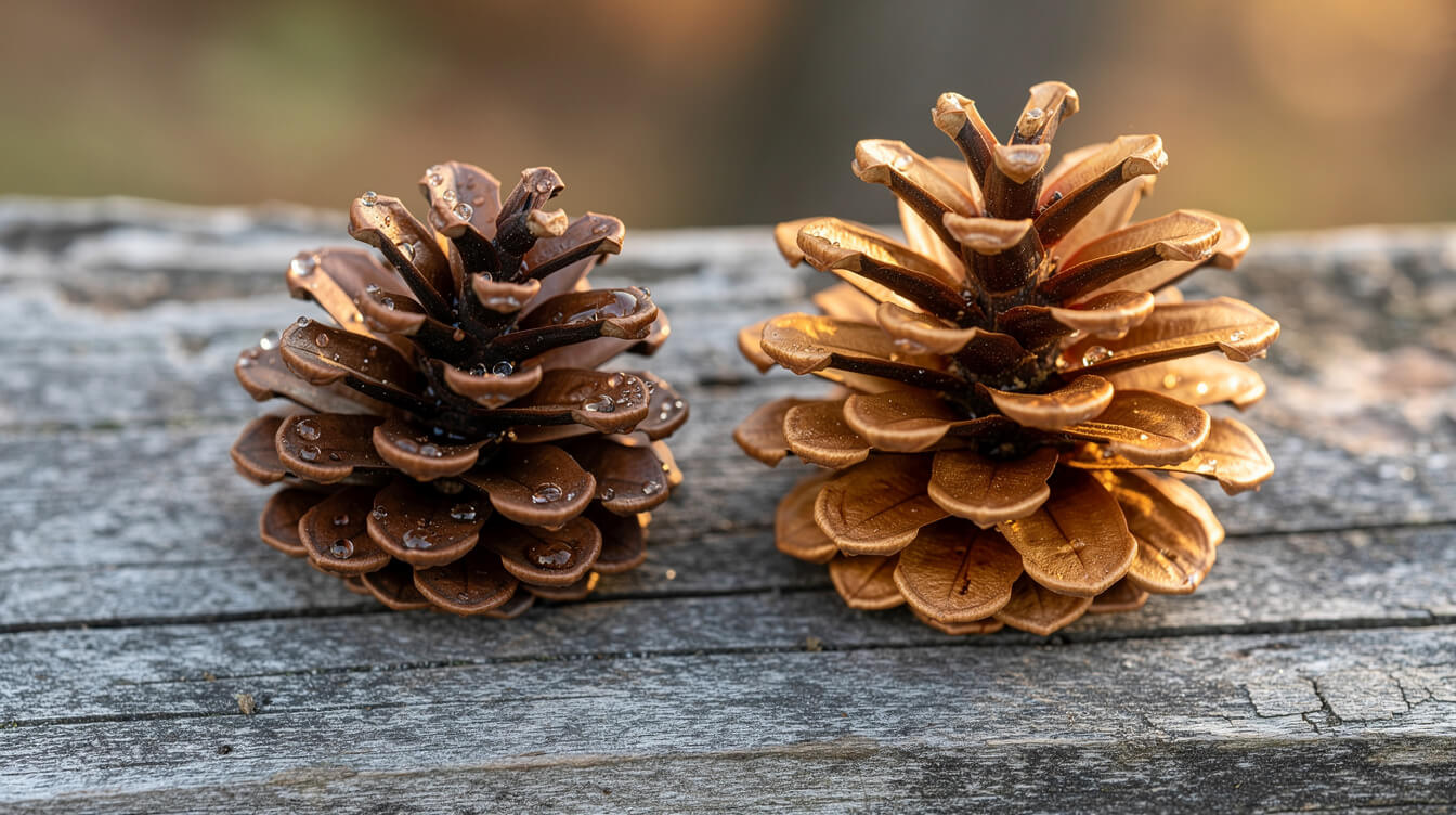 A damp, partly closed pine cone beside a dry, fully open pine cone showing how the scales react to moisture