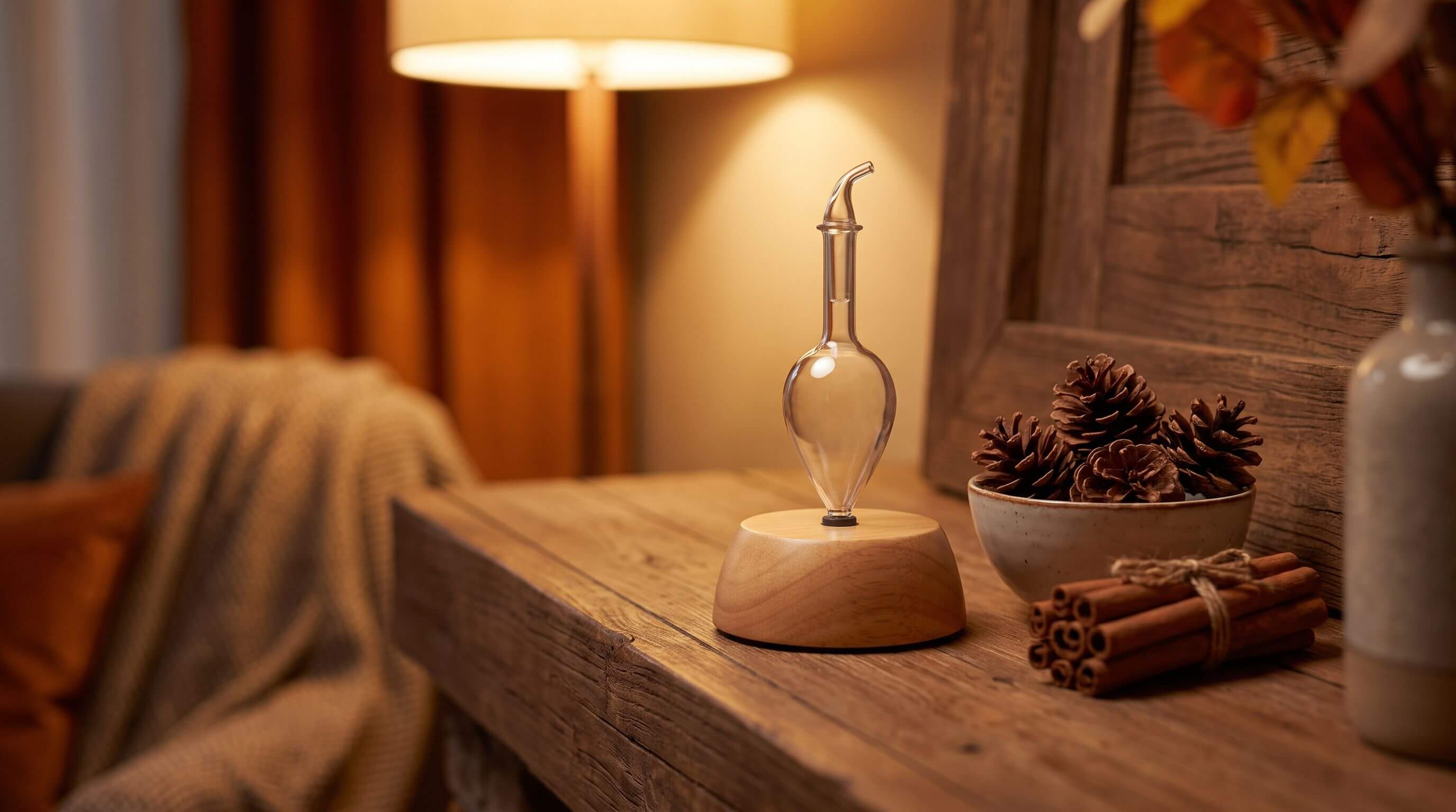 Handcrafted wood and glass Nebulizing Diffuser on an autumn mantel beside a bowl of pine cones and cinnamon sticks