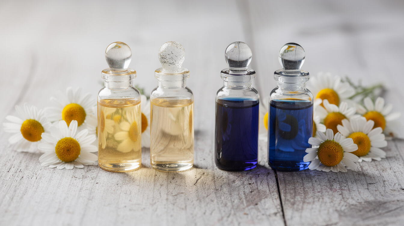 Pale yellow Roman chamomile oil in glass vials beside deep blue German chamomile oil