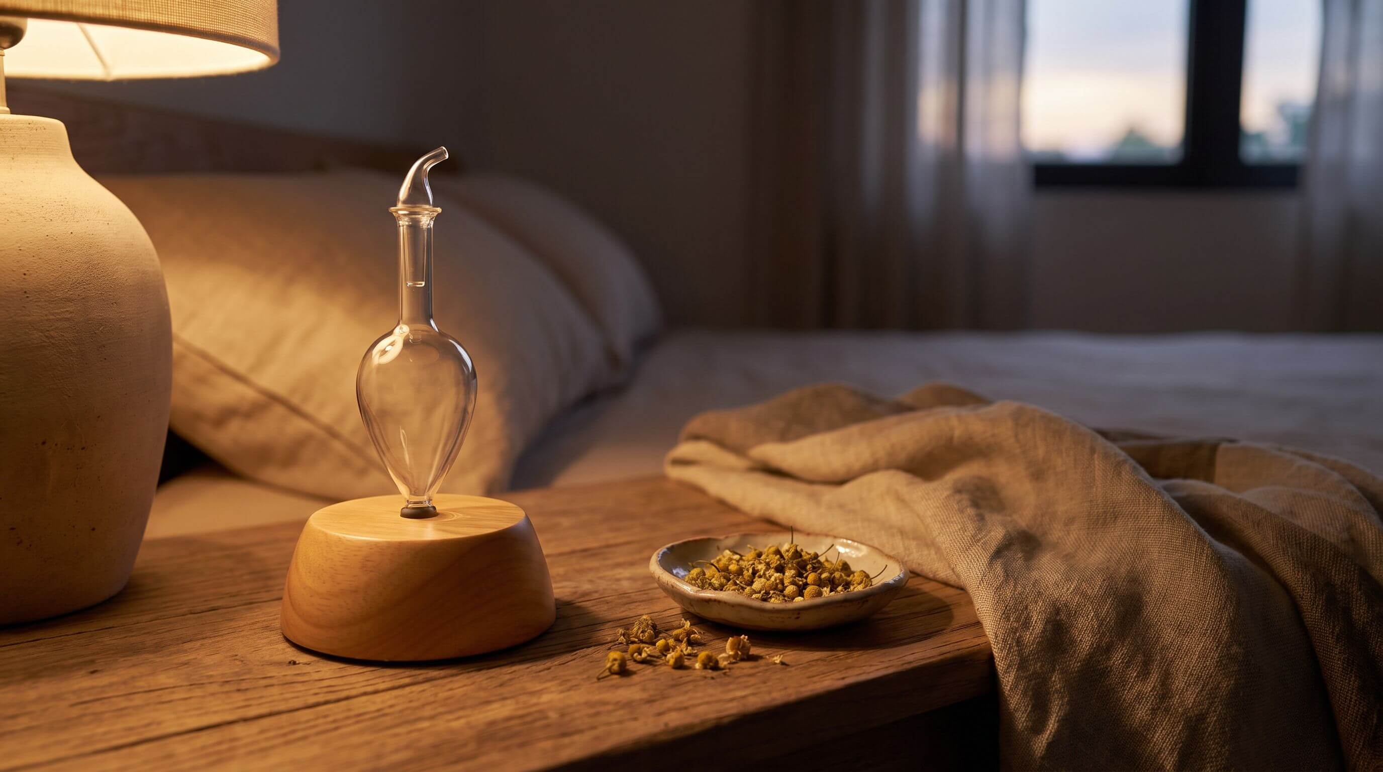 Handcrafted wood and glass Nebulizing Diffuser on a bedside table beside a dish of dried chamomile flowers