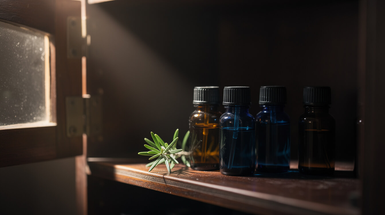 Dark glass essential oil bottles stored on a shaded wooden shelf to keep tea tree oil fresh