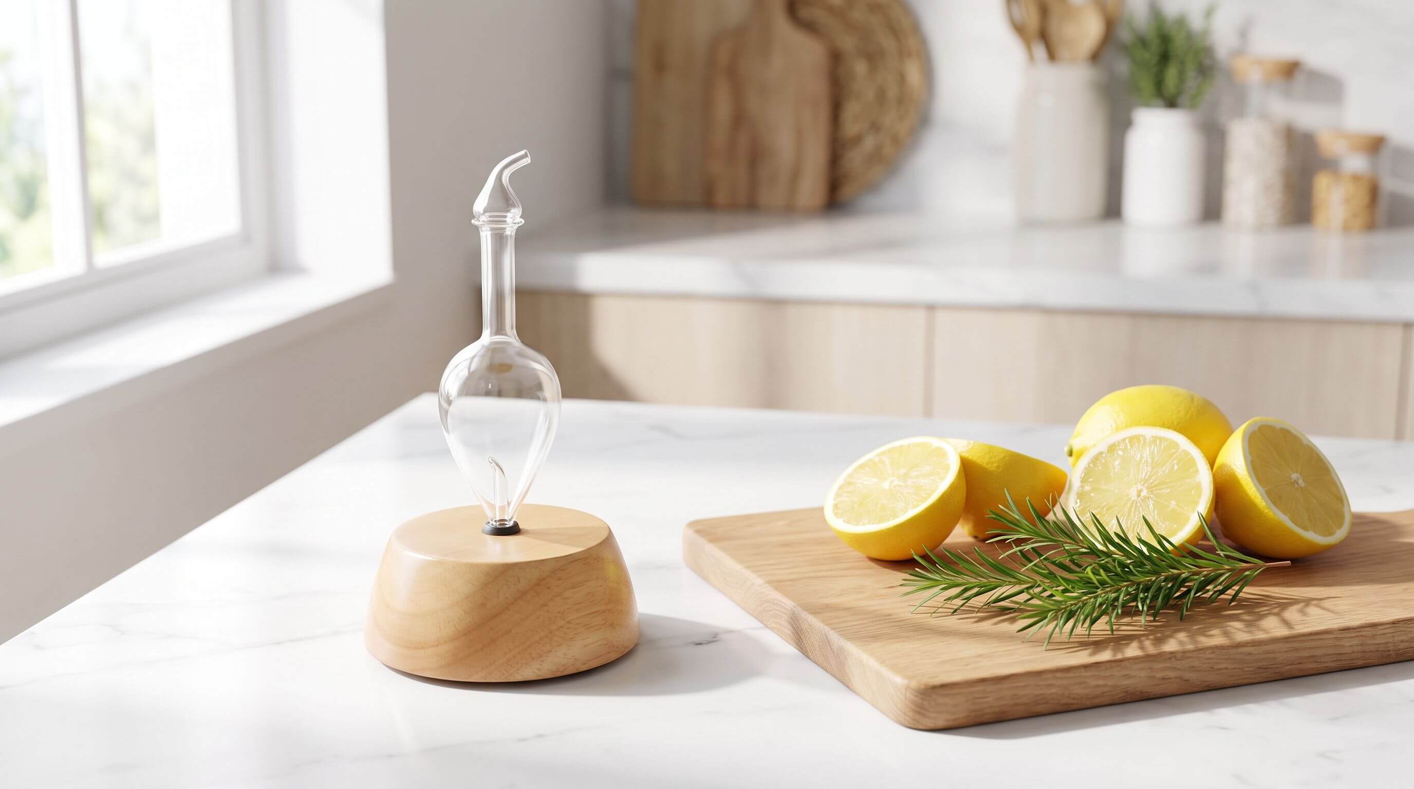 Handcrafted wood and glass Nebulizing Diffuser® on a white marble kitchen counter beside fresh lemons and a sprig of tea tree leaves