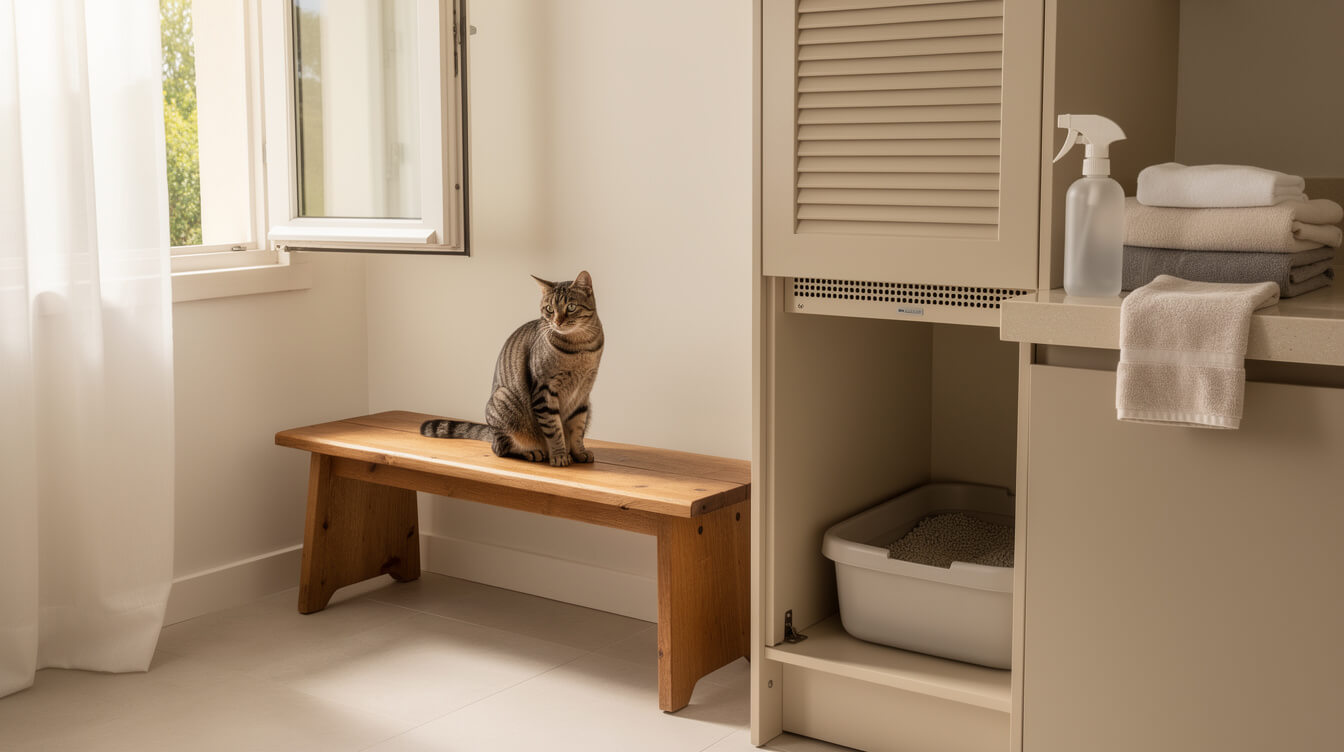 Tabby cat sitting on a wooden bench beside an open window in a bright laundry room with a ventilated litter box nook