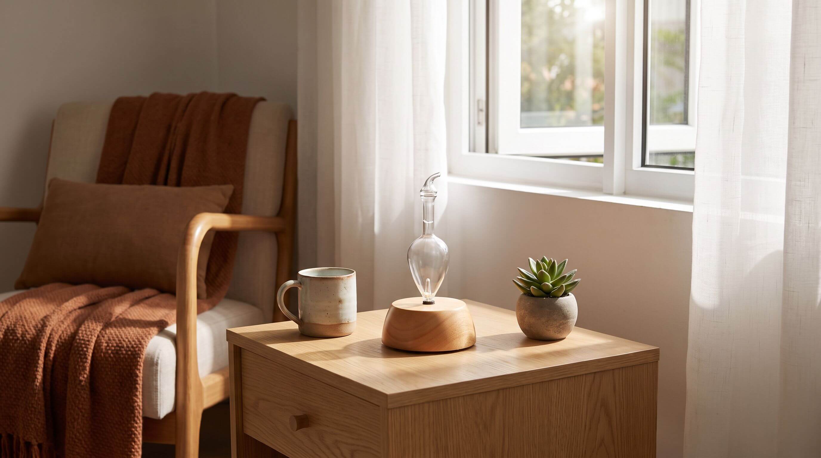 Handcrafted wood and glass Nebulizing Diffuser® at rest on an oak side table by an open window in a quiet reading nook