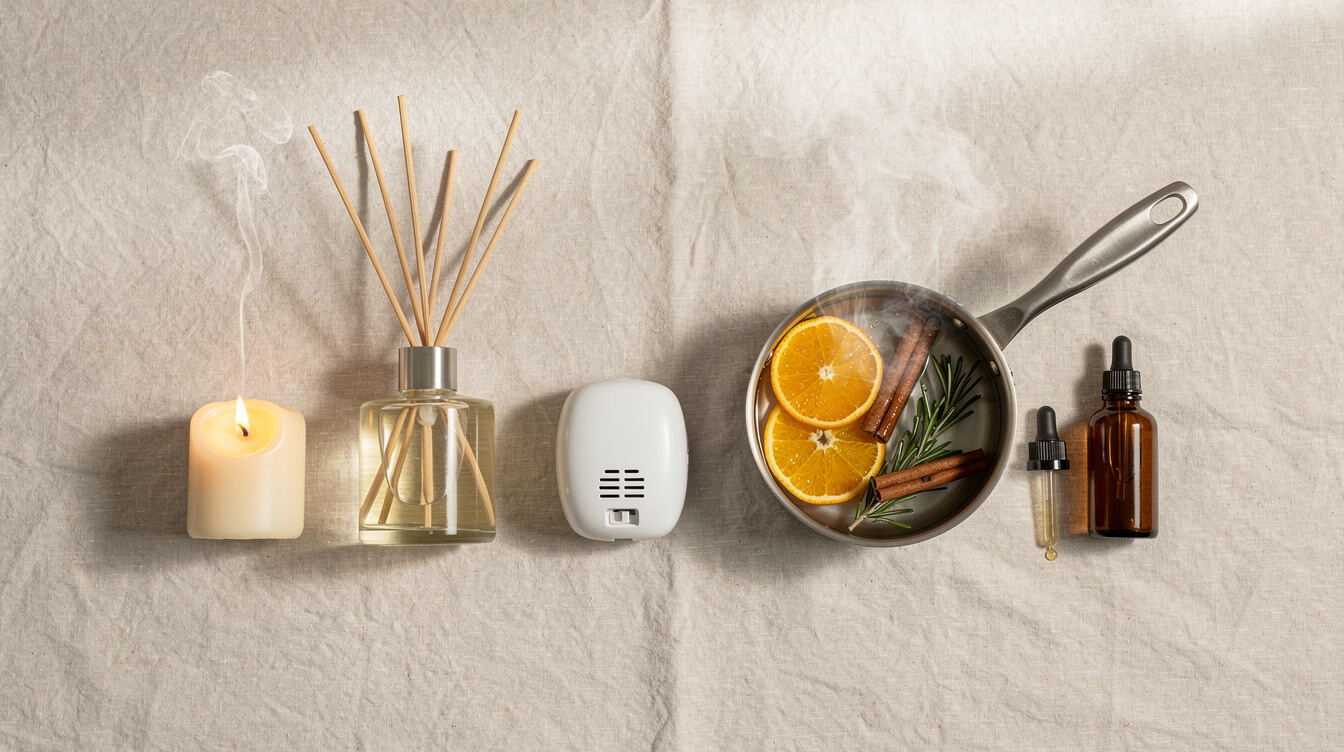 Flat lay of home fragrance formats: a lit candle, reed diffuser, plug-in air freshener, simmer pot with orange and cinnamon, and an amber essential oil bottle