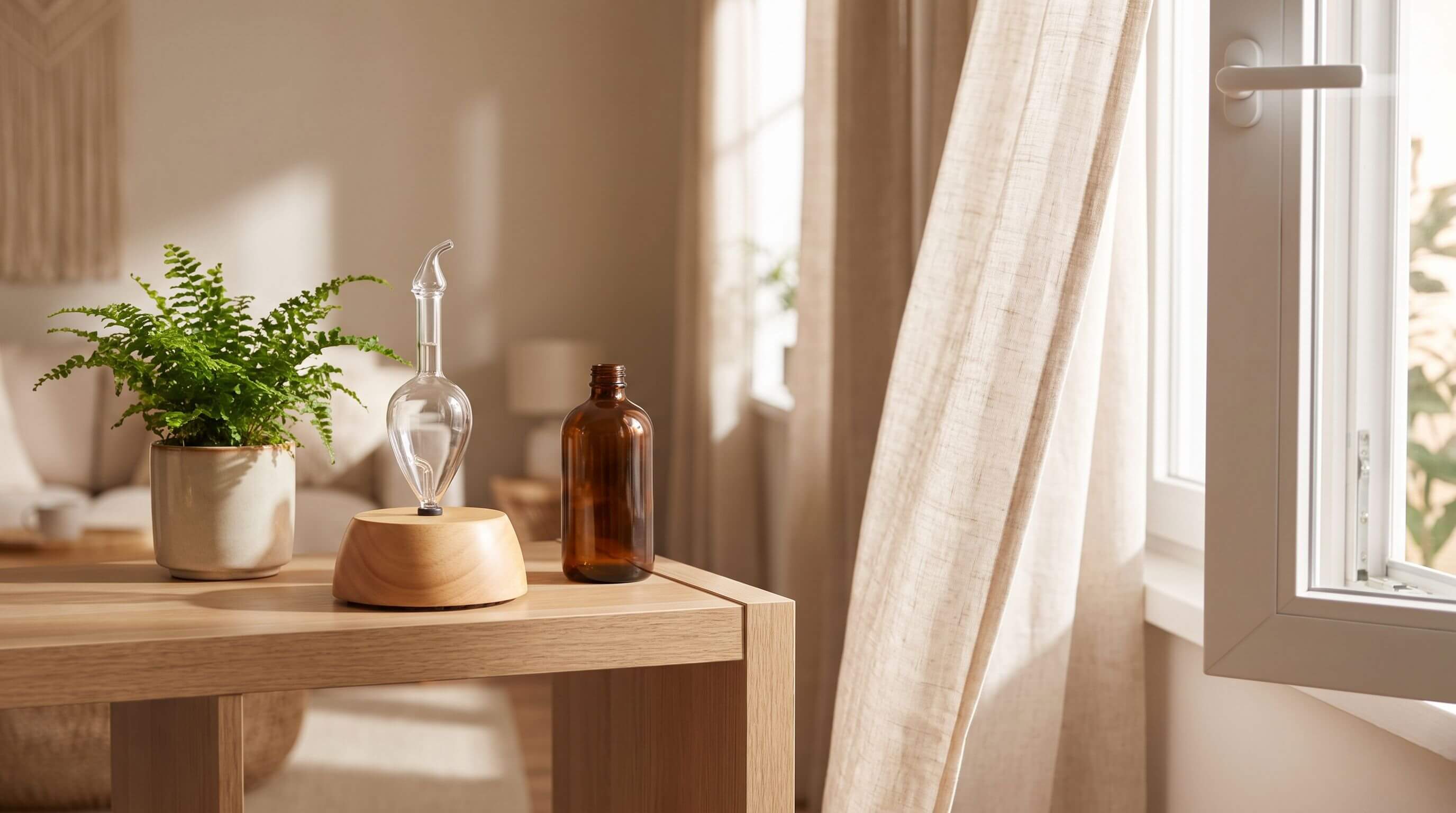 Handcrafted wood and glass Nebulizing Diffuser® at rest on an oak side table beside an open window with a linen curtain