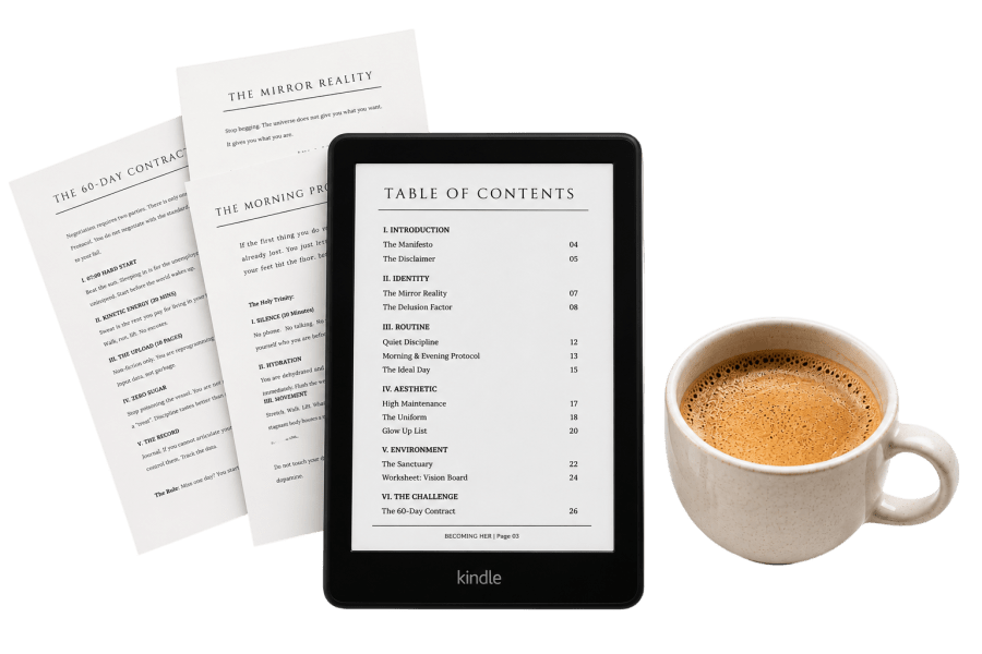 Flatlay mockup of the Becoming Her Protocol PDF. A 60-day execution manual and digital ebook on a tablet, featuring printable worksheets for identity shifting and discipline.