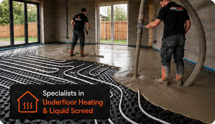 CozyFeet installers pouring liquid screed — specialists in underfloor heating & liquid screed