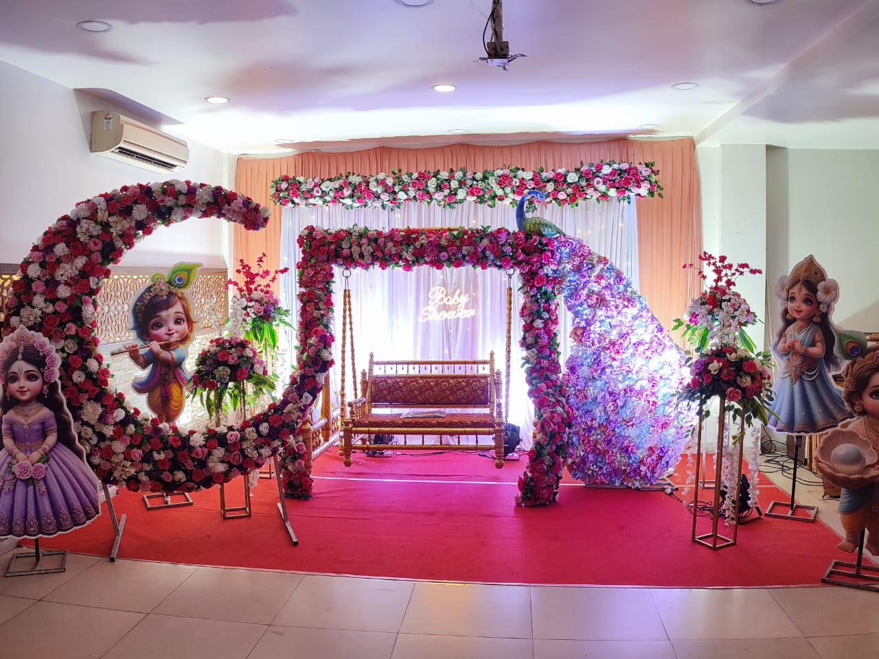 Floral Peacock & Crescent Moon Baby Shower Stage Decoration
