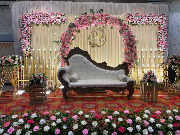 Elegant Pink & White Floral Engagement Stage Decoration