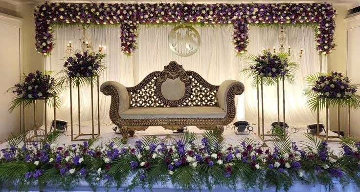 Royal Purple & White Floral Reception Stage Decor