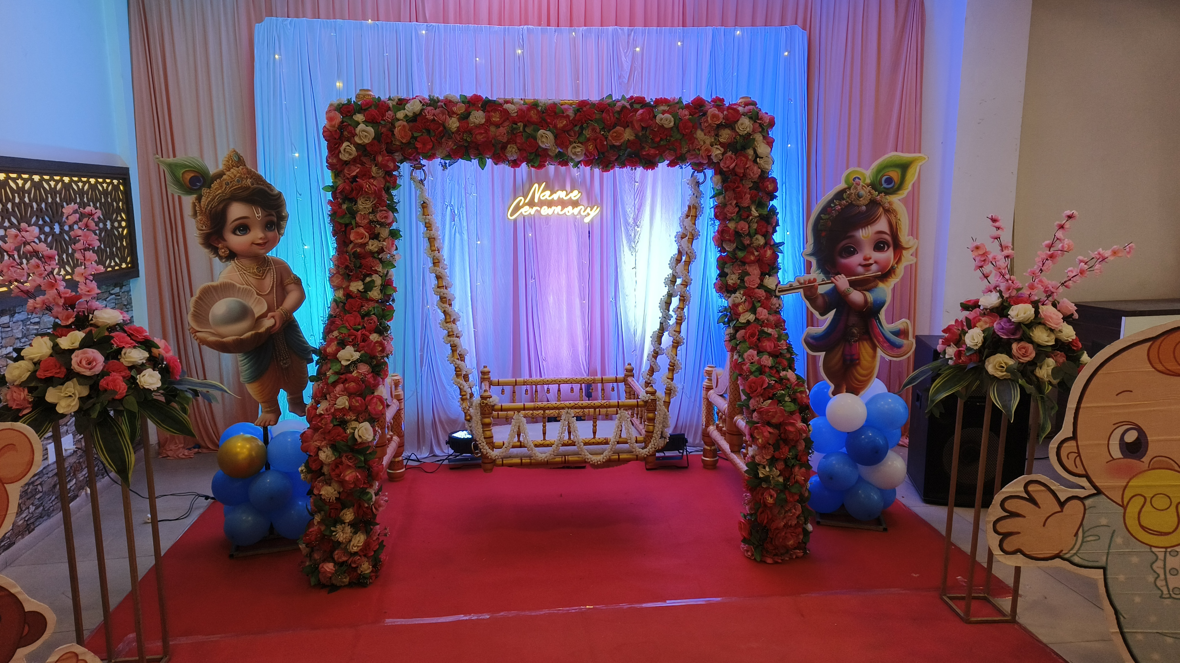 Floral Baby Swing Naming Ceremony Decoration with Krishna Theme