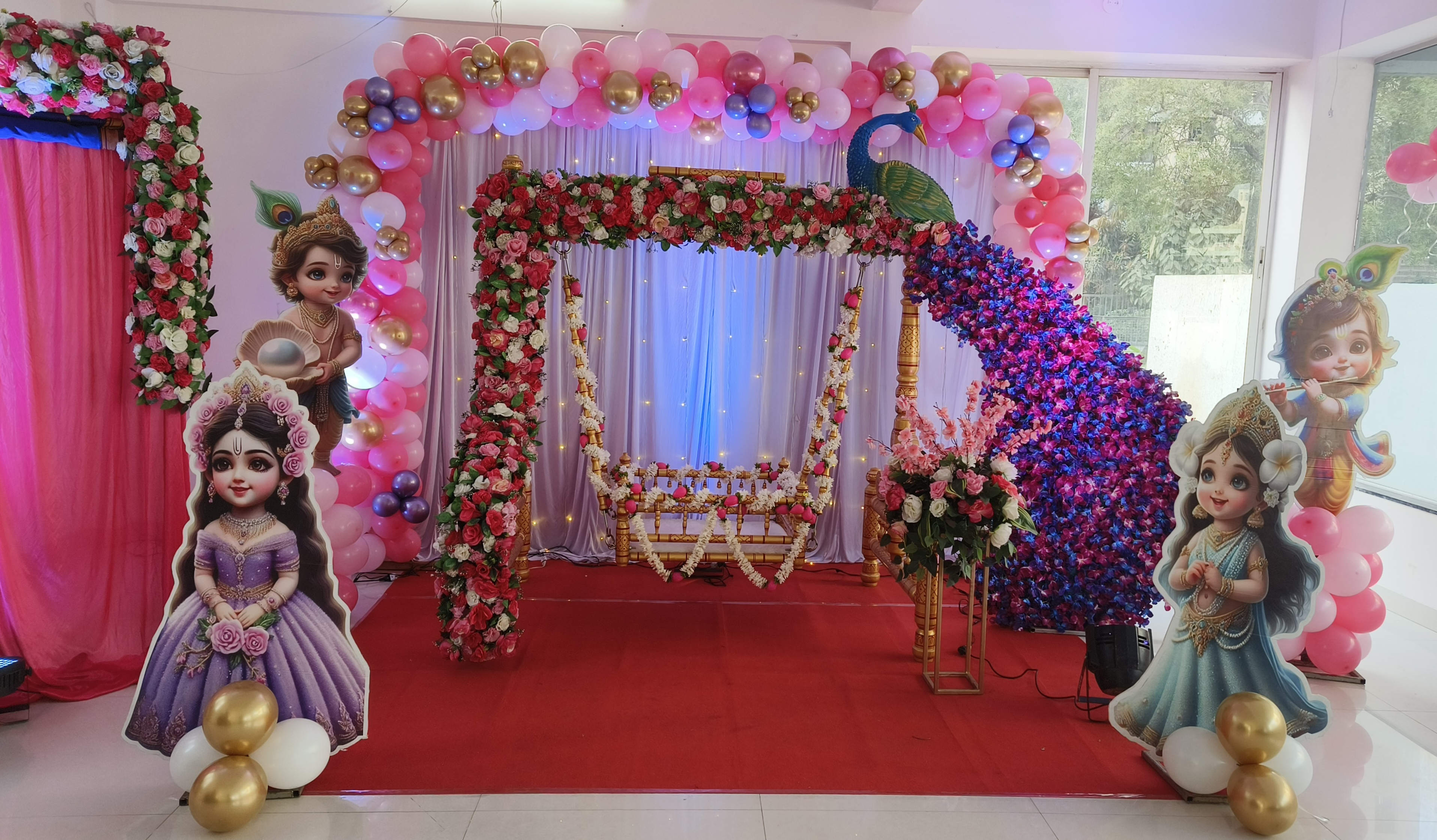 Peacock-Themed Floral & Balloon Naming Ceremony Decoration