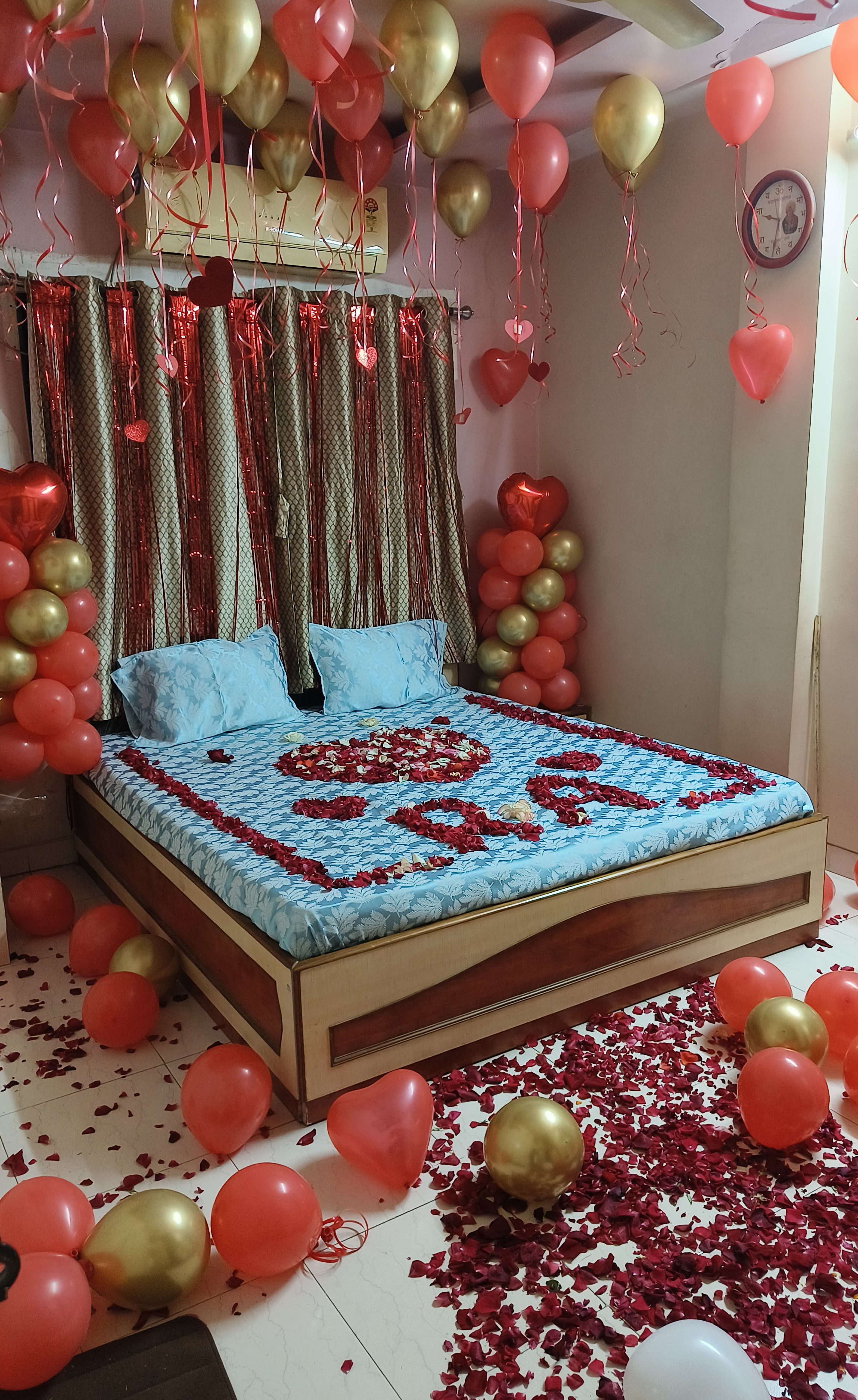 Romantic Red & Golden Balloon Room Decoration with Rose Petals