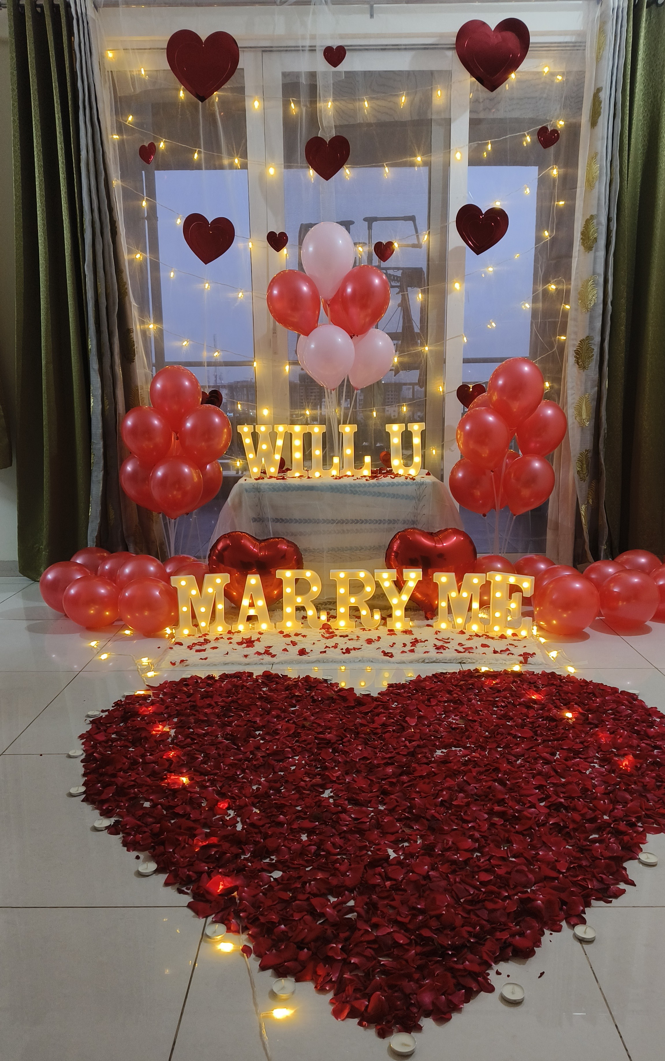 Romantic “Will You Marry Me” Proposal Decoration with Heart Rose Petals & LED Lights