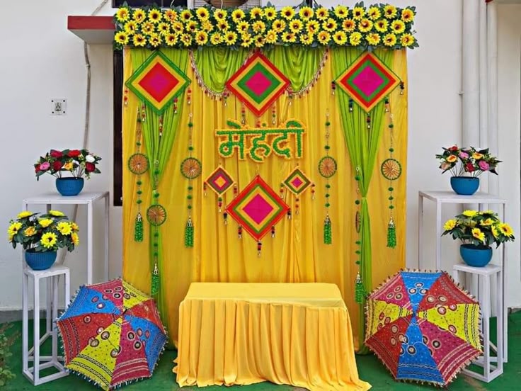 Vibrant Yellow & Green Mehendi Backdrop Decoration