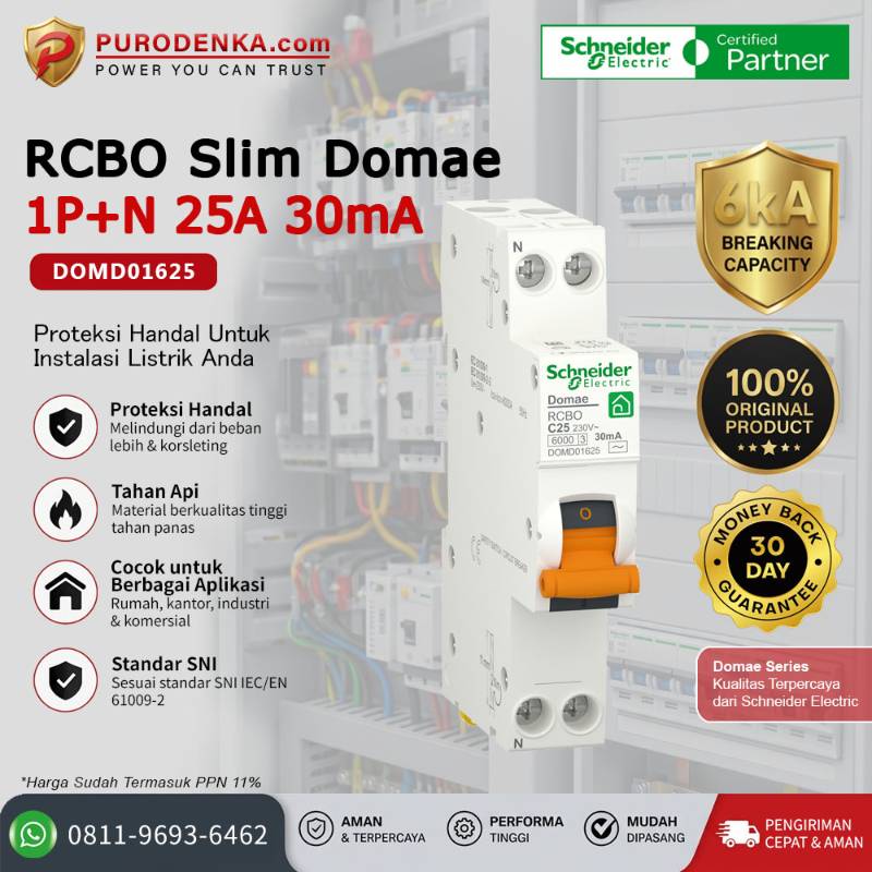 SCHNEIDER RCBO Slim DOMAE  2P 25A 30 mA DOMD01625