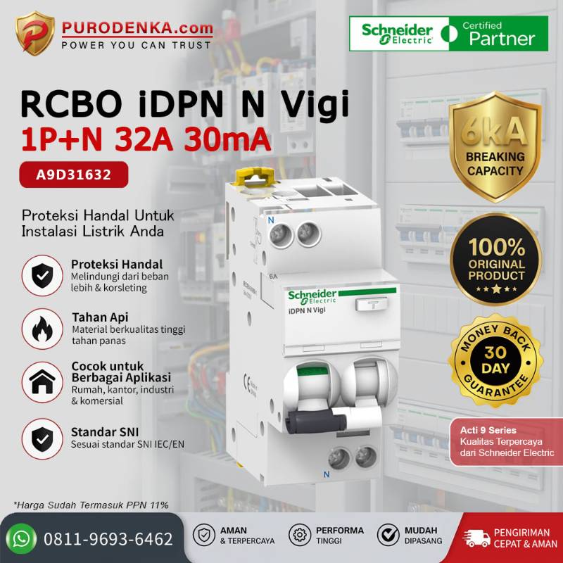 SCHNEIDER RCBO iDPN N Vigi 1P+N 32A 30mA 6kA A9D31632