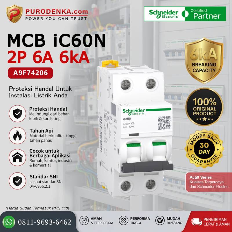 SCHNEIDER MCB iC60N 2P 6A 6kA A9F74206