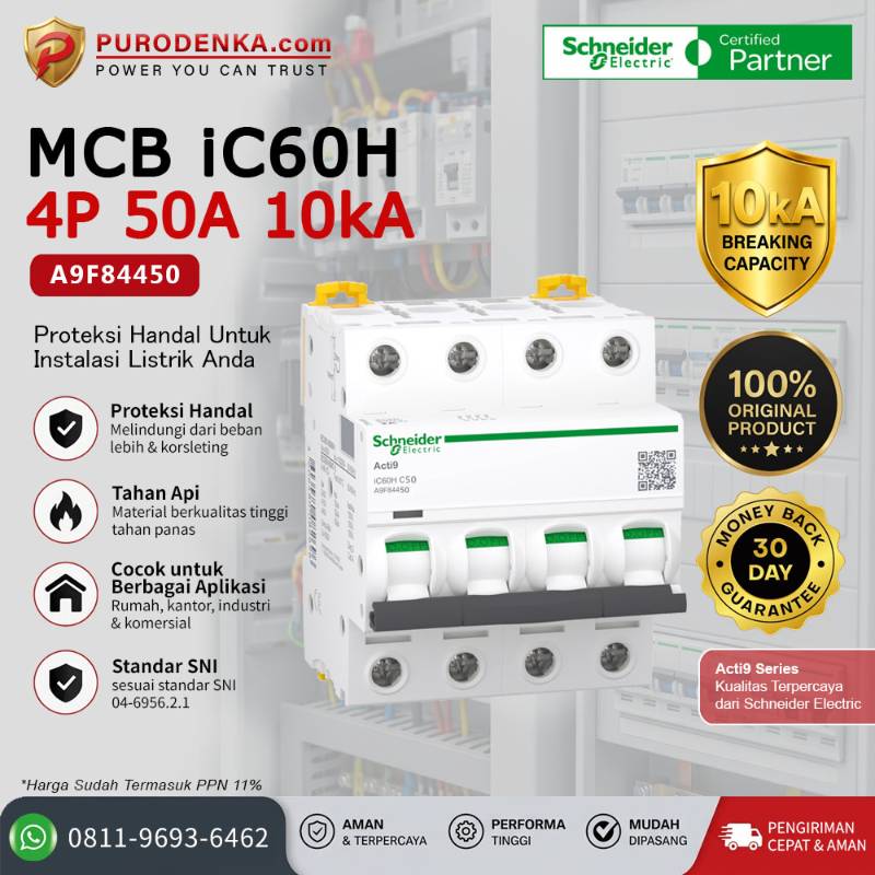 SCHNEIDER MCB iC60H 4P 50A 10kA A9F84450