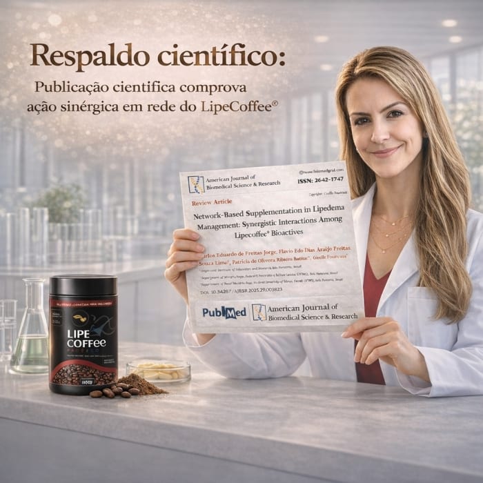 Respaldo científico LipeCoffee® — Artigo publicado no PubMed: Network-Based Supplementation in Lipedema Management, comprovando ação sinérgica dos bioativos