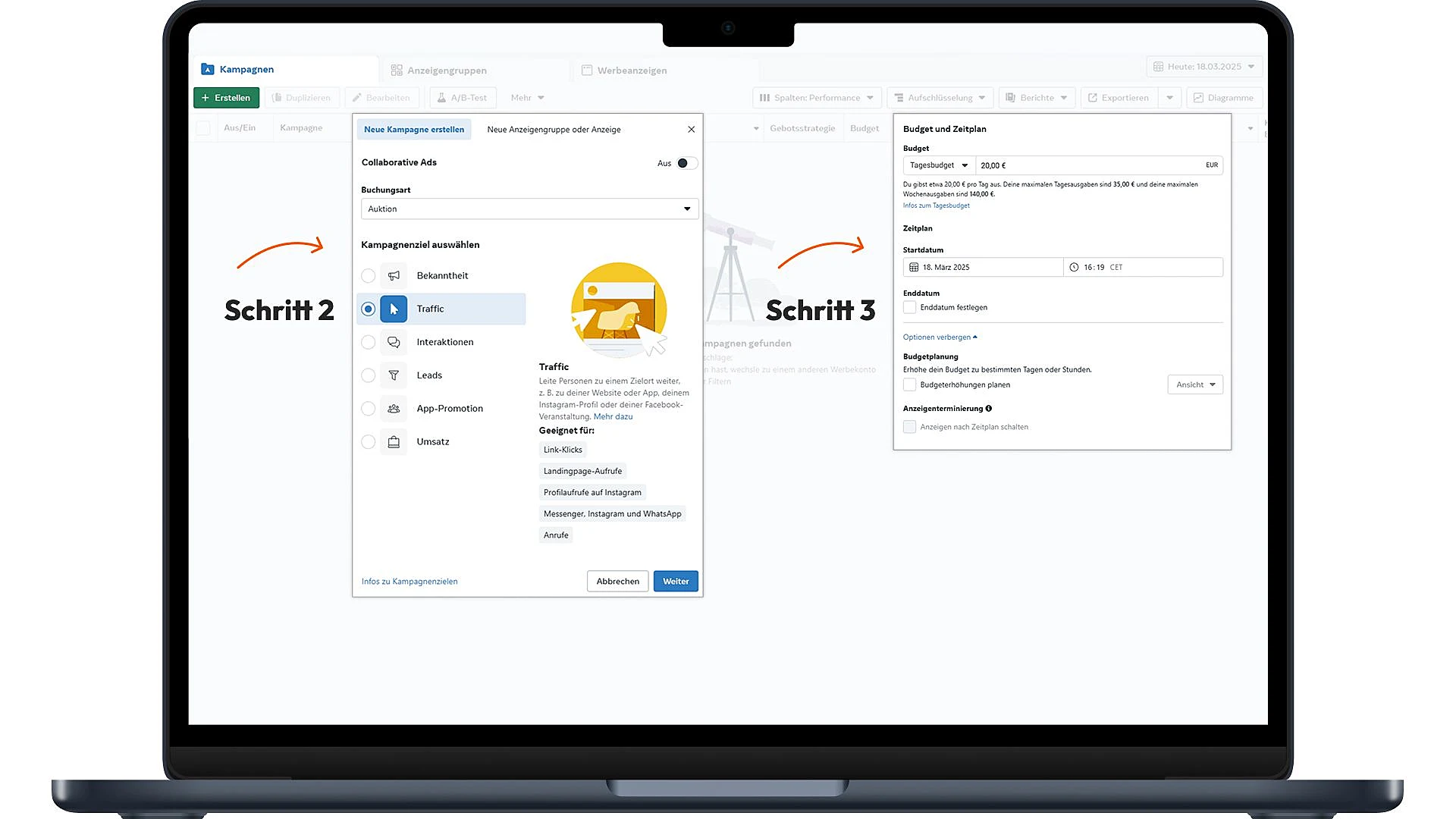 Bild zum Schalten von Instagram Ads über den Werbeanzeigenmanager - Schritt 2 und 3