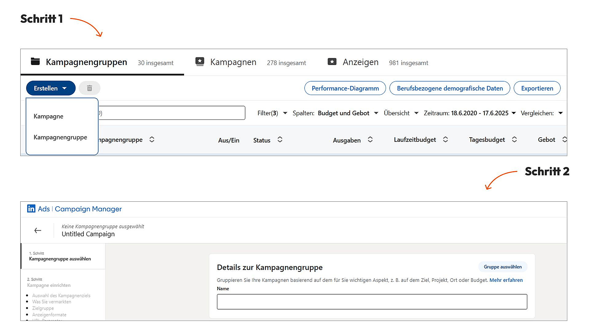Schritt 1 und 2 der Kampagnenerstellung auf LinkedIn
