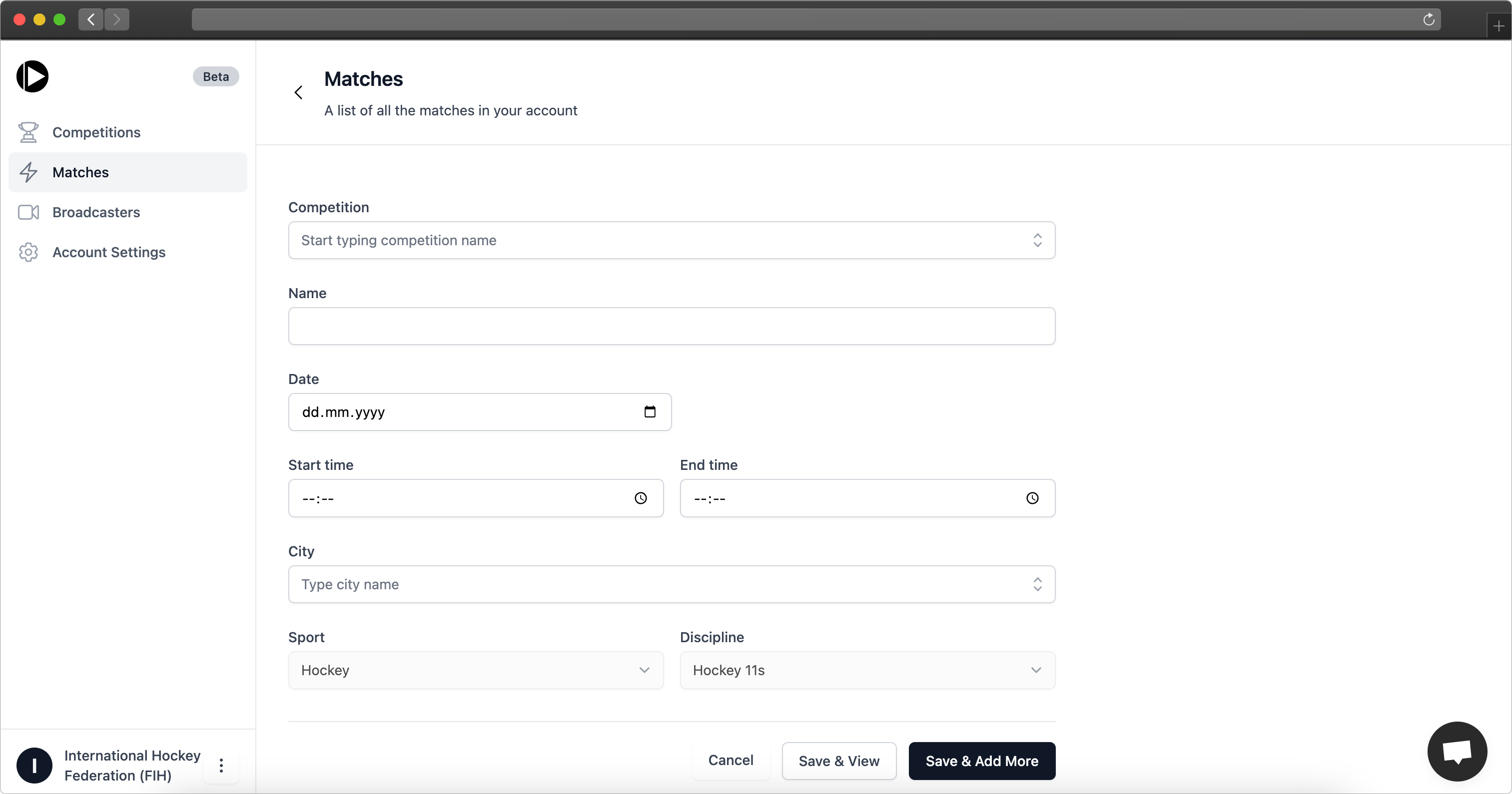 Matches admin panel screenshot