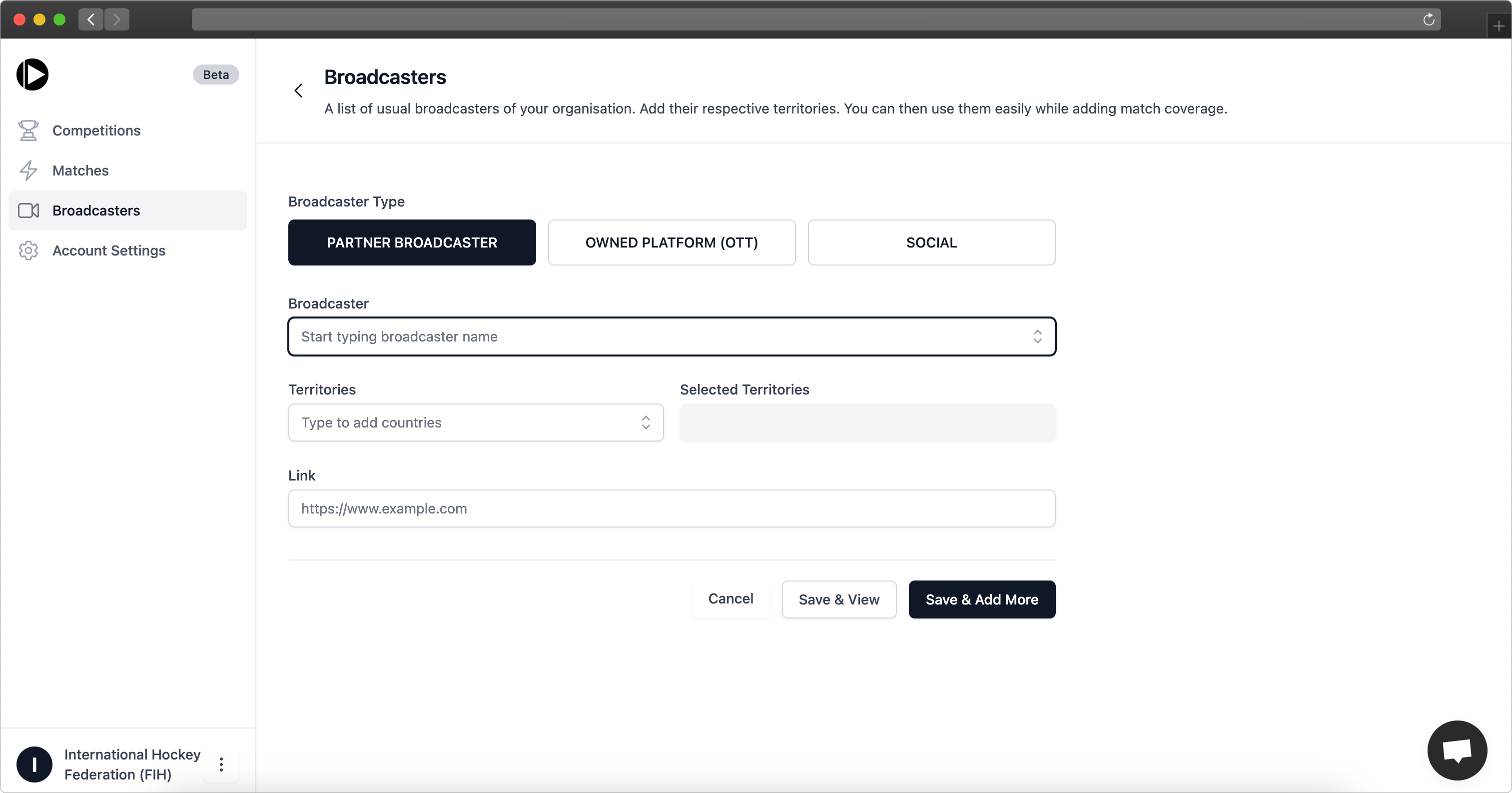 Broadcasters admin panel screenshot