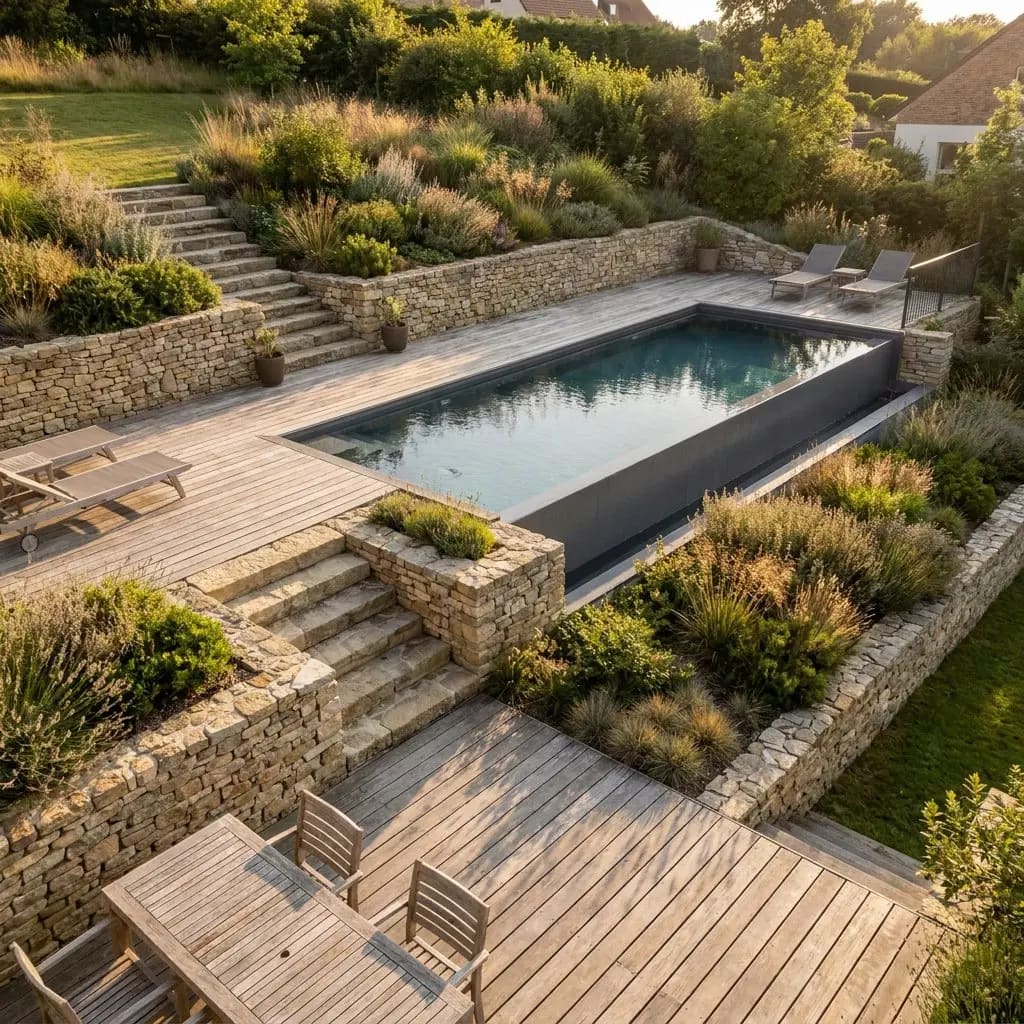 Zwembad in tuin met hoogteverschil