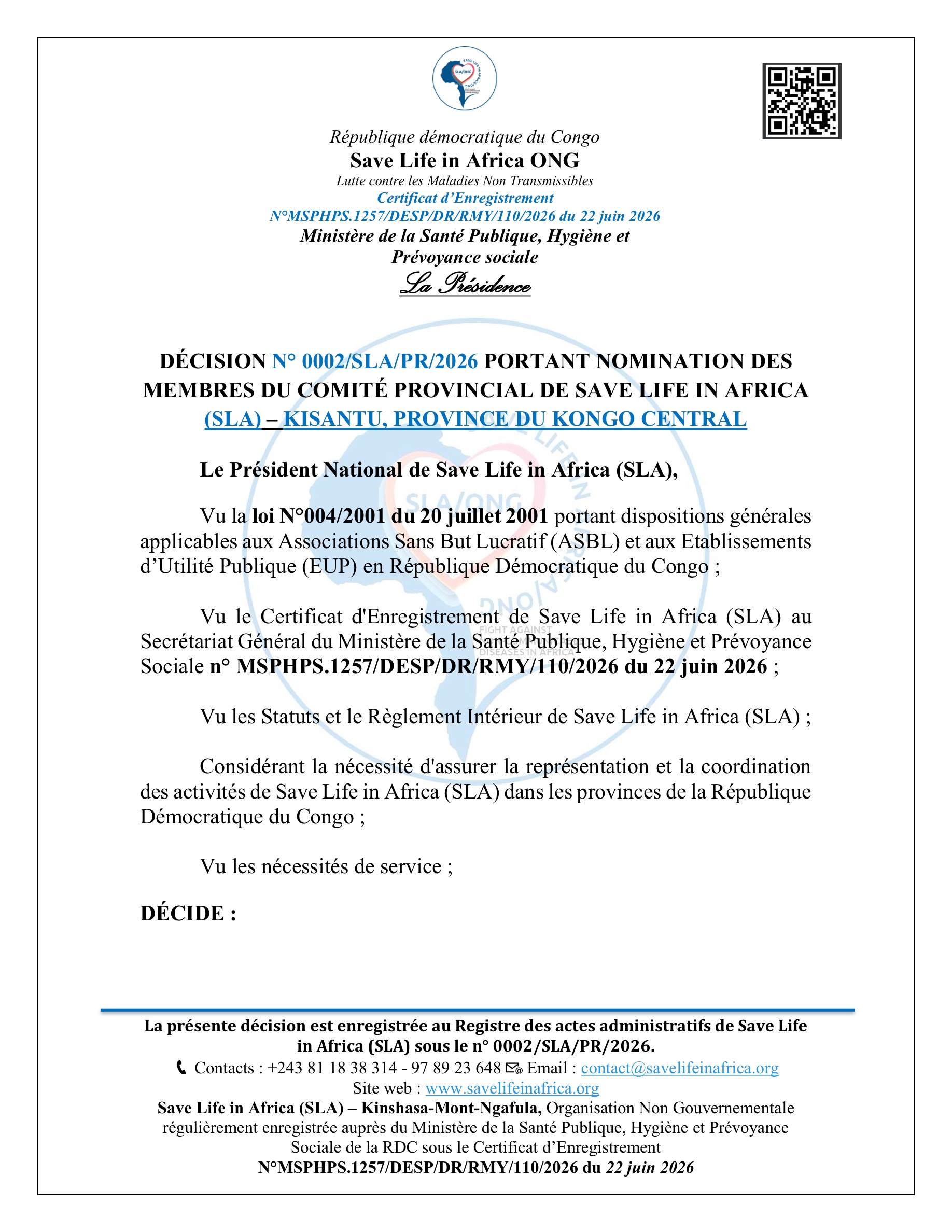 Save Life in Africa (SLA) nomme les membres de son Comité provincial au Kongo Central