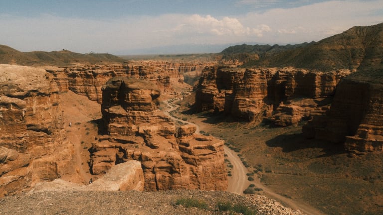 Red rock towers of the Valley of Castles in Charyn Canyon, Kazakhstan