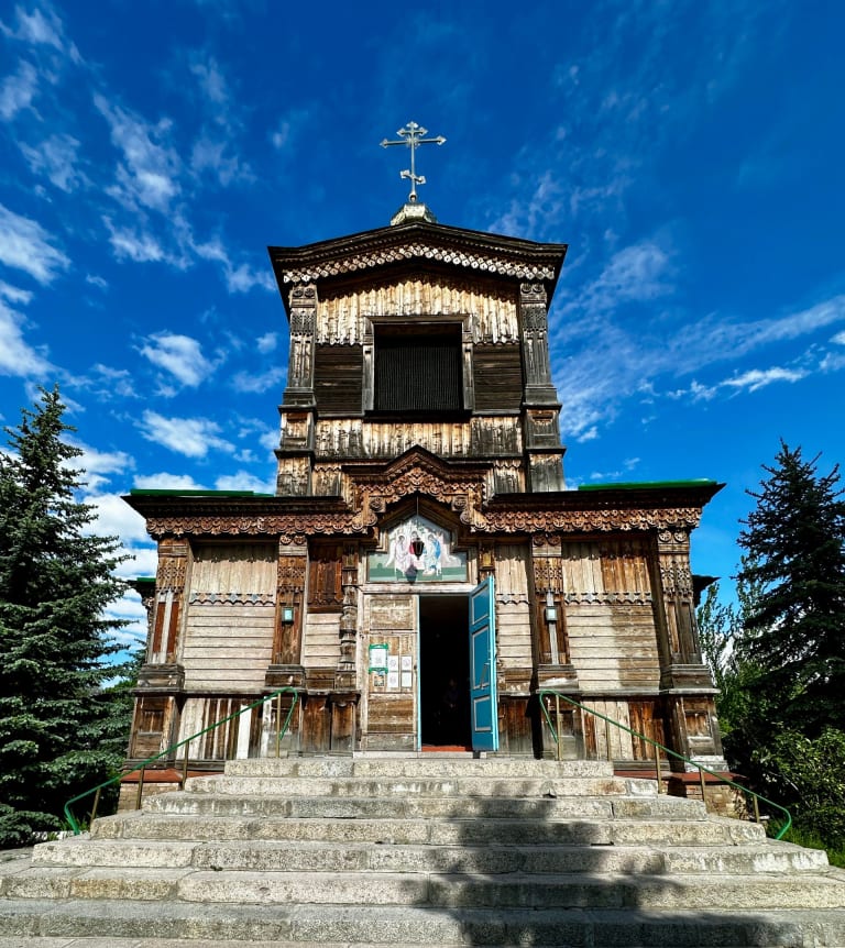 Holy Trinity Cathedral, the historic wooden church in Karakol, Kyrgyzstan