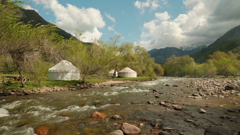 Yurts by the Turgen river in Turgen Gorge, Almaty Region, on the way to the Assy Plateau