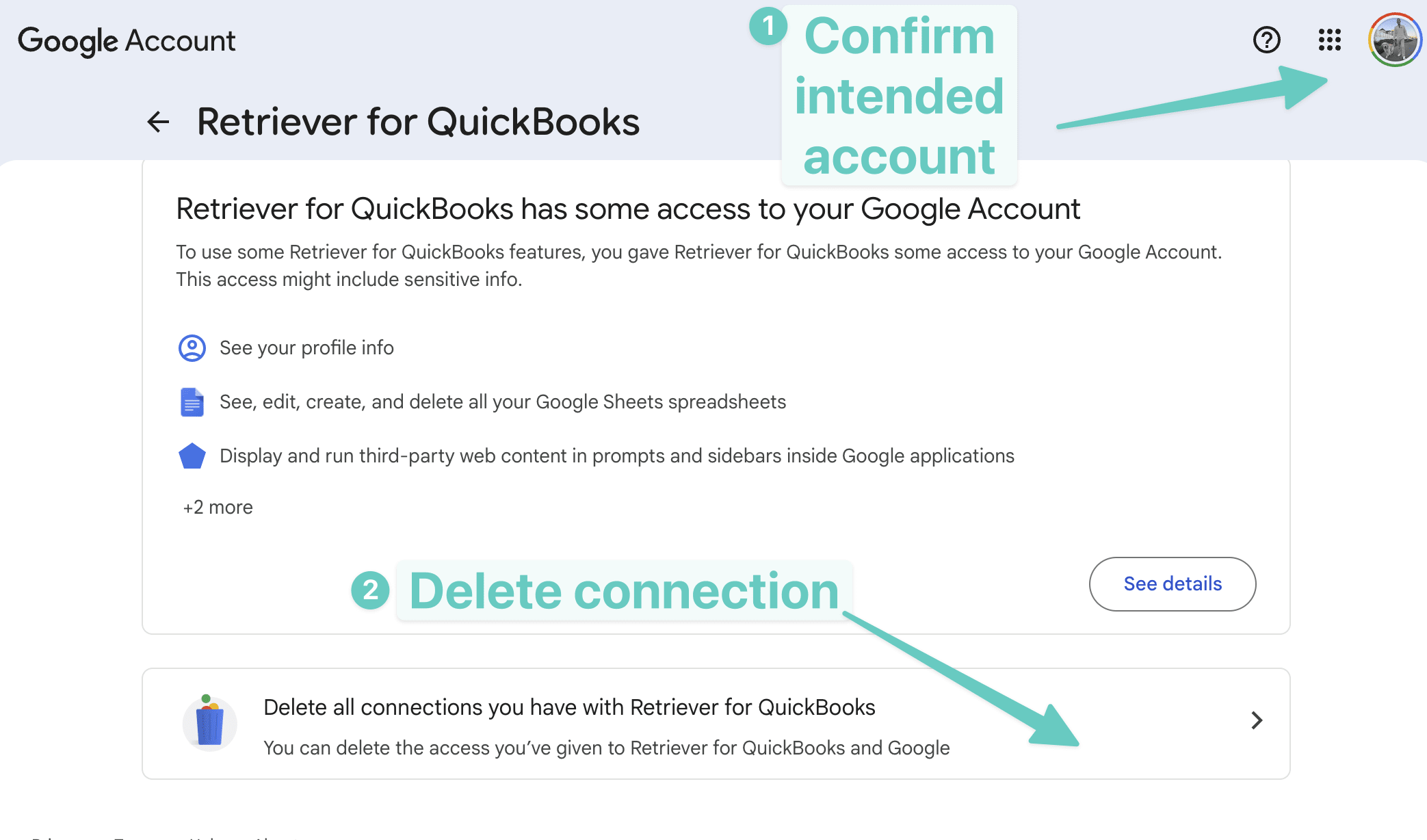 Google account connections page for Retriever, with the "Delete all connections you have with Retriever" button visible